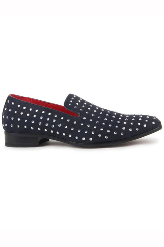 NAVY SUEDE LEATHER LINED GLITTER STUD LOAFERS