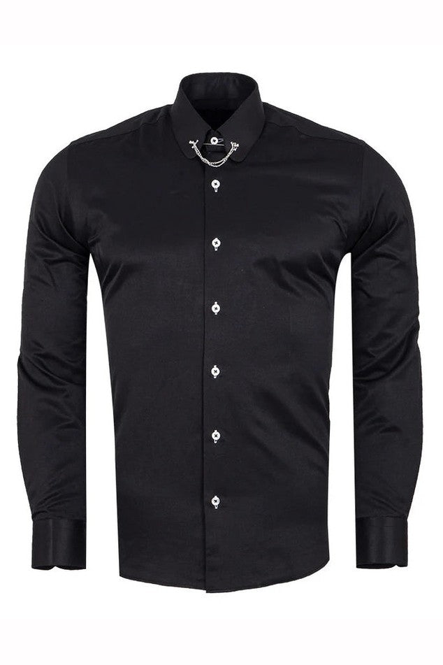 CLASSIC BLACK DRESS SHIRT PENNY COLLAR PIN BAR WITH CHAIN