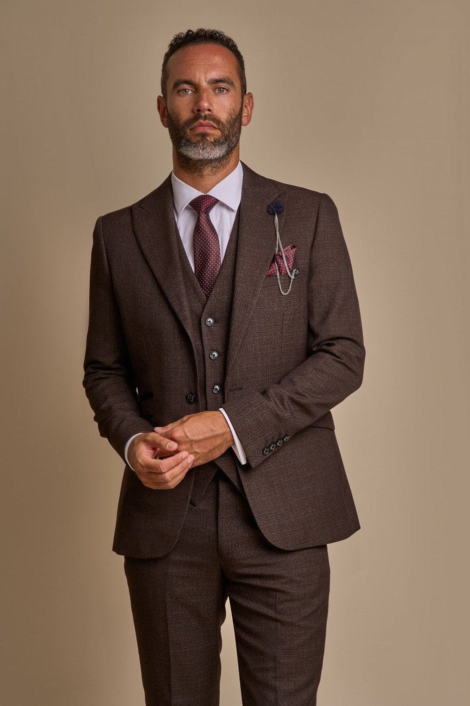 CARIDI – TAILORED FIT 3 PIECE SUIT IN BROWN CHECK CAVANI