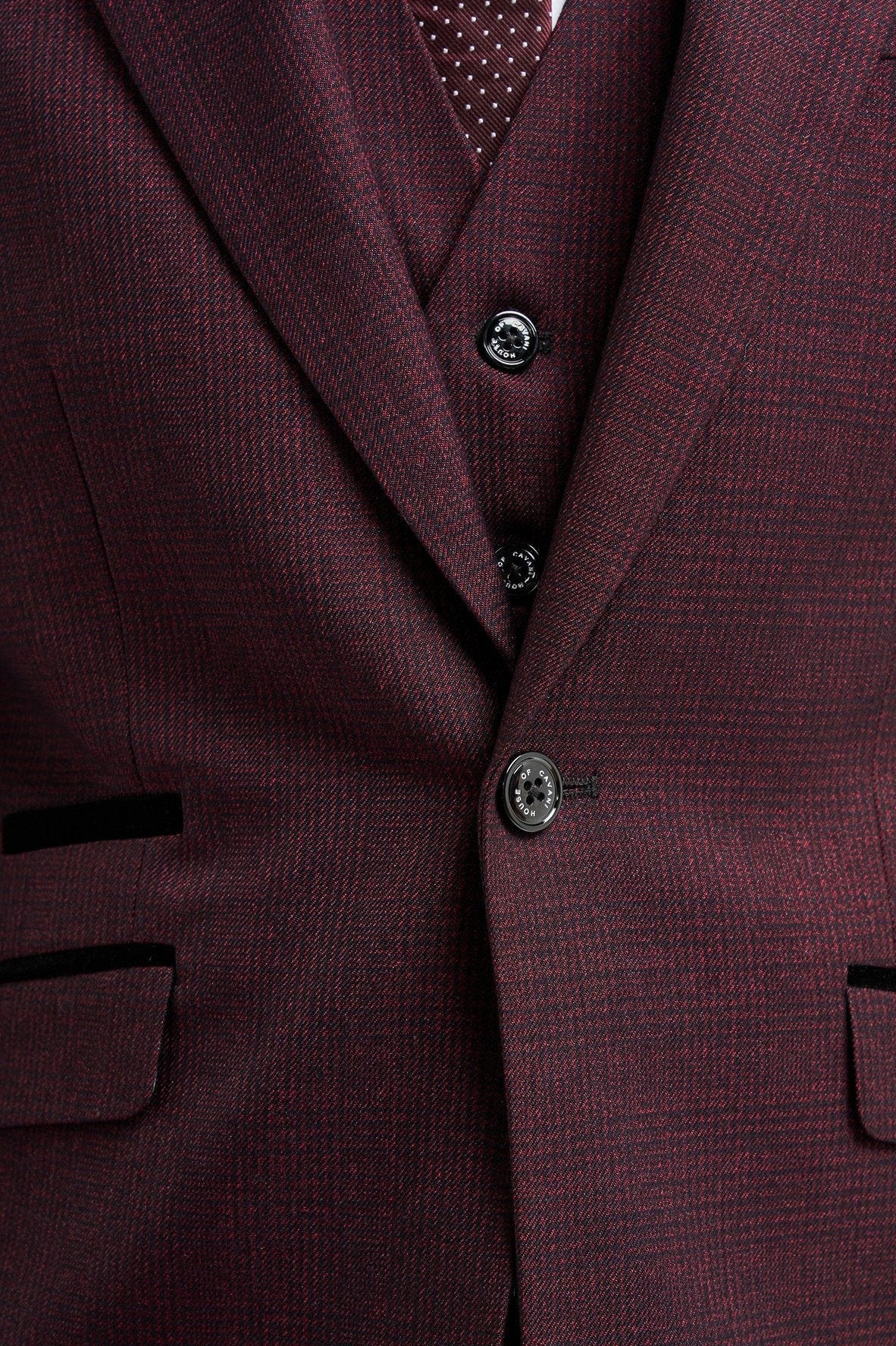 CARIDI MENS WINE 3 PIECE TAILORED CHECK SUIT CAVANI