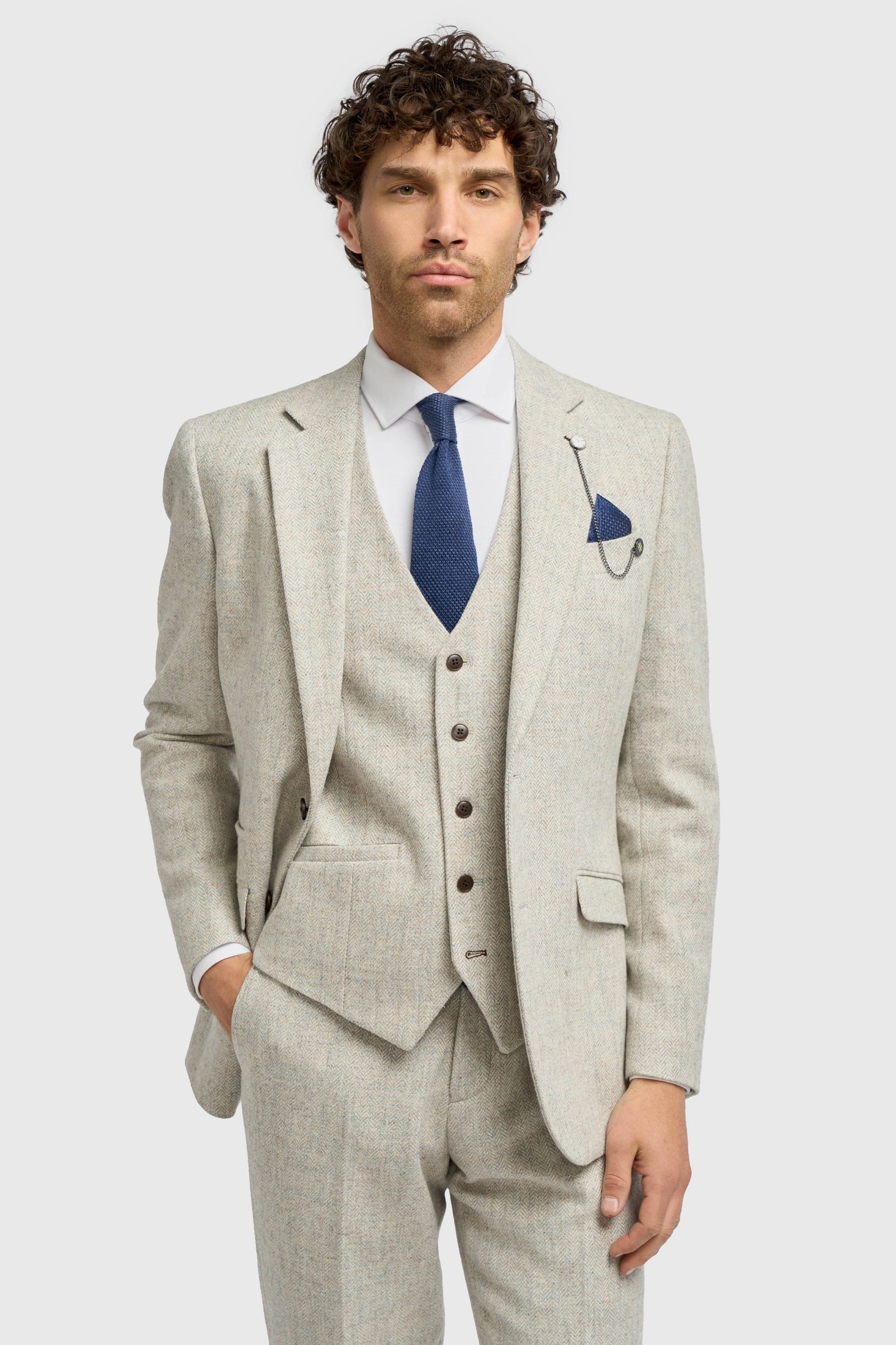 CAVANI – Thomas Pearl Grey Wool Rich Herringbone Jacket