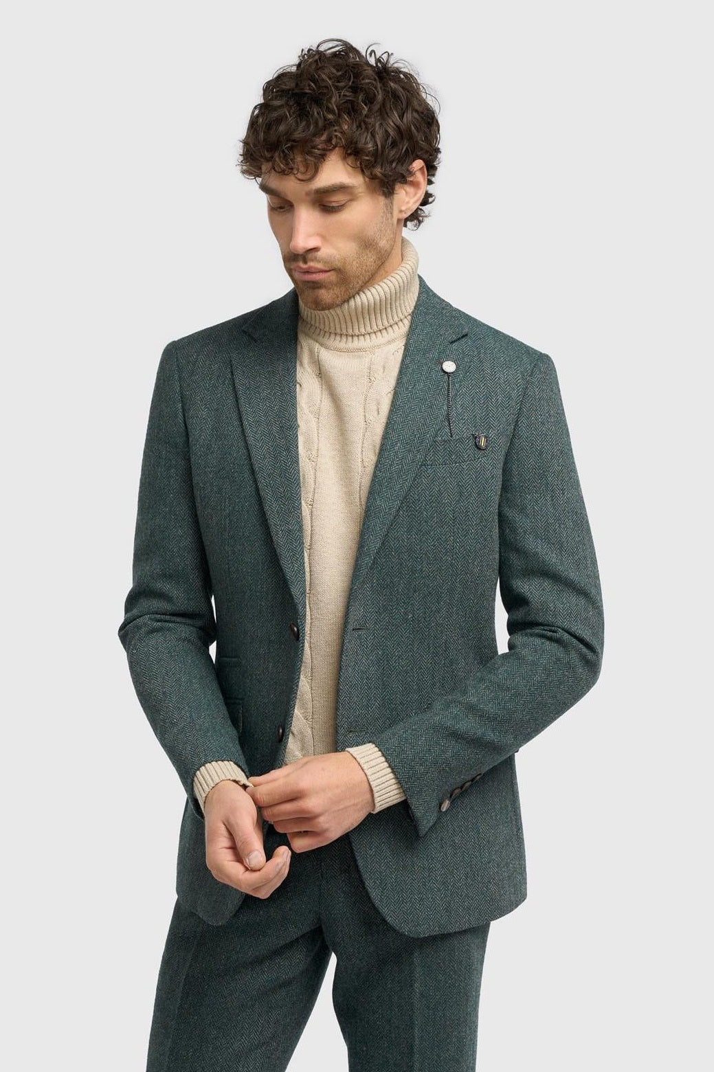 CAVANI – Thomas Olive Green Wool Blend Herringbone Jacket