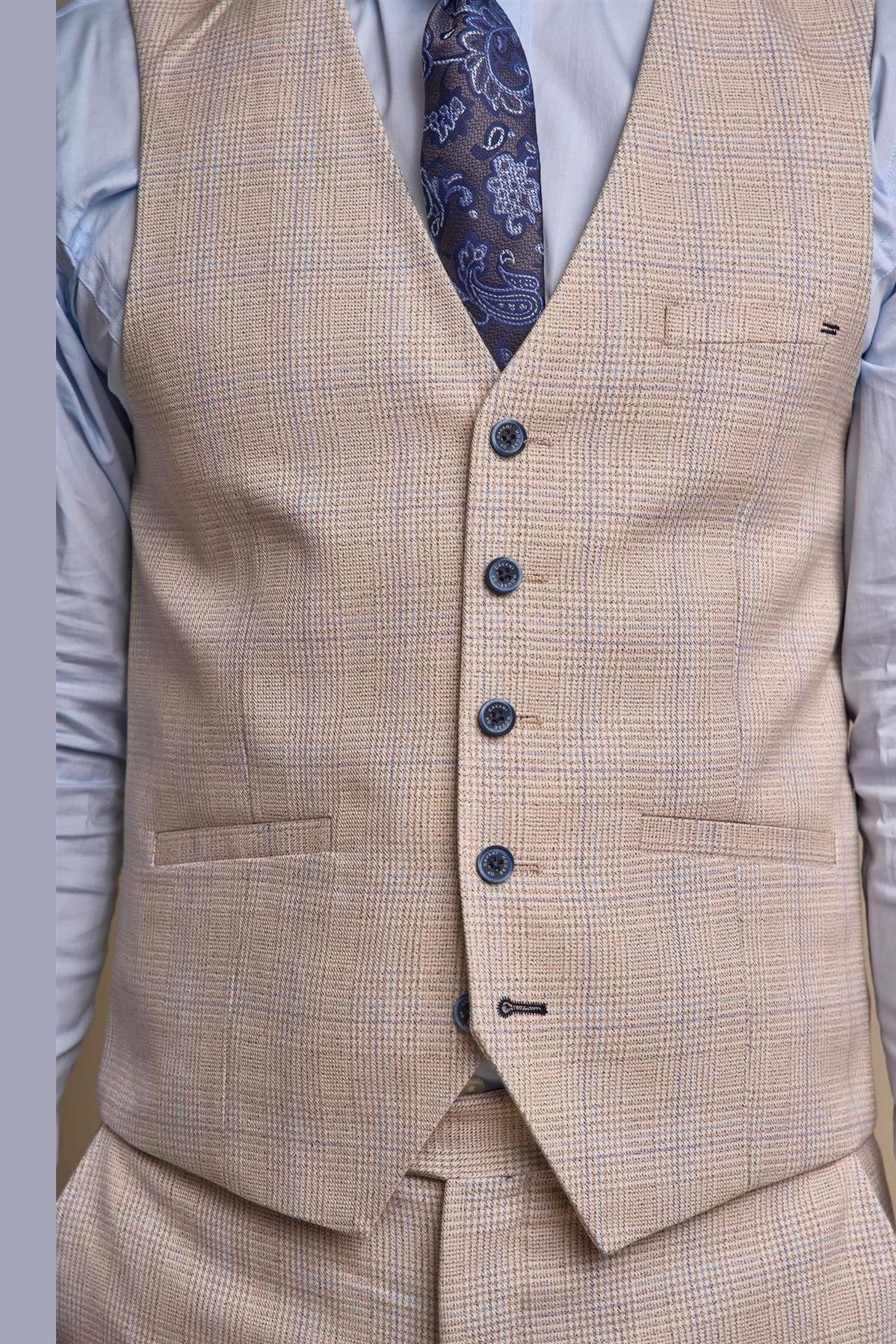 MENS CARIDI BEIGE TAILORED FIT THREE PIECE SUIT CAVANI