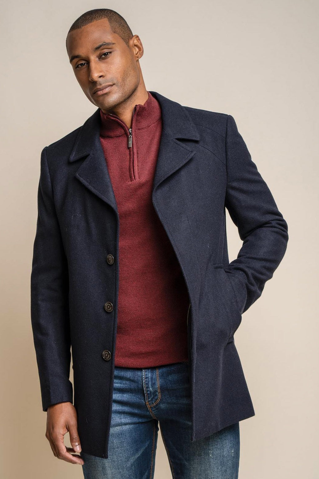 WOOL BLEND NAVY MID LENGTH OVERCOAT
