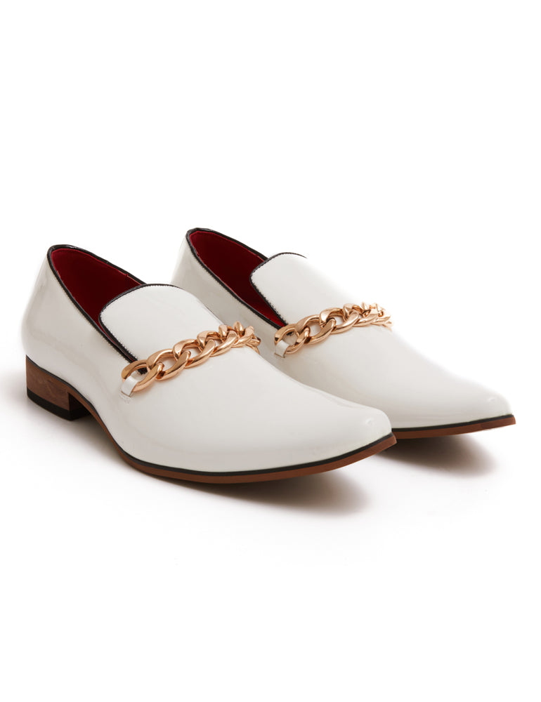 WHITE PATENT PARTY WEDDING LOAFERS WITH GOLD CHAIN – Sartorial Shoes
