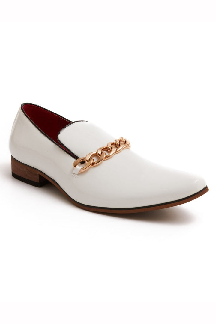WHITE PATENT LOAFERS WITH GOLD CHAIN