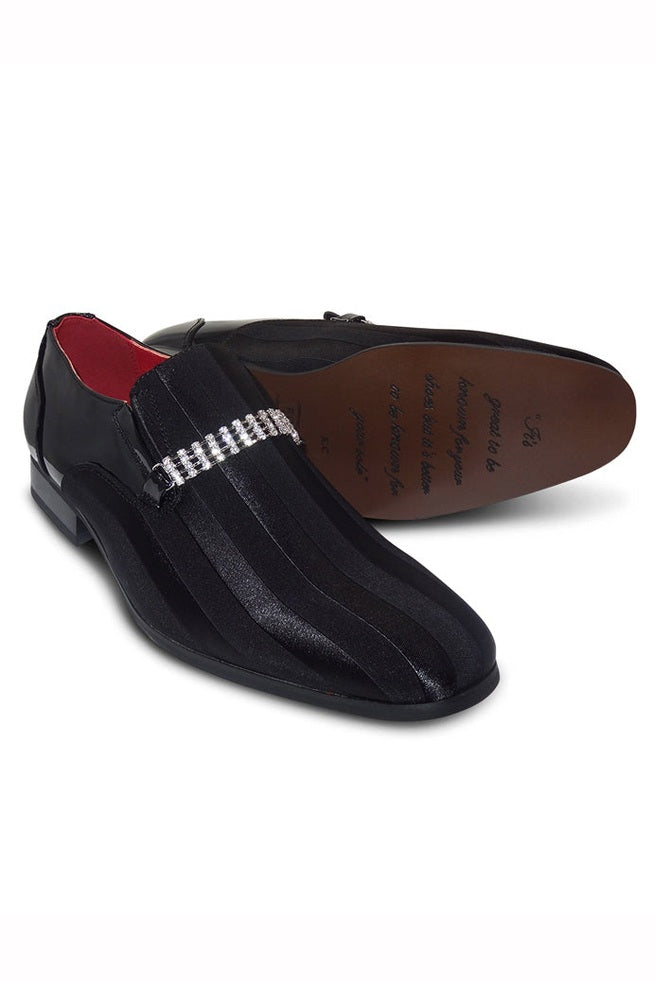 BLACK TEXTURED LOAFERS WITH DIAMOND STRAP