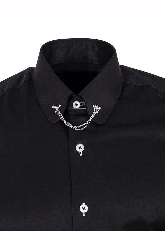 CLASSIC BLACK DRESS SHIRT PENNY COLLAR PIN BAR WITH CHAIN