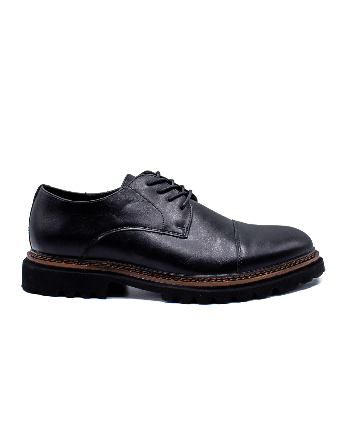 Men’s Round Toe Cap Derby Shoes, Rugged Sole - Black