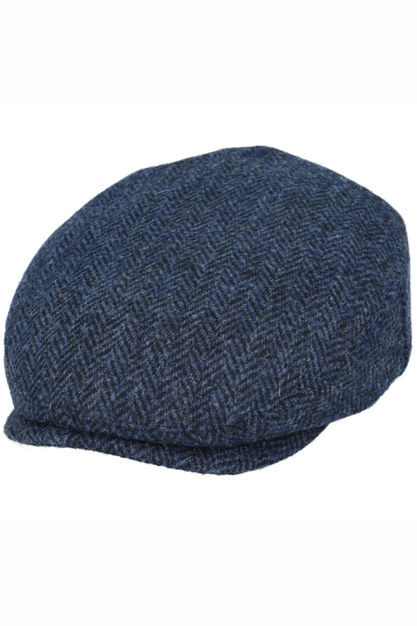 HERRINGBONE PURE SCOTTISH WOOL FLAT CAP IN NAVY