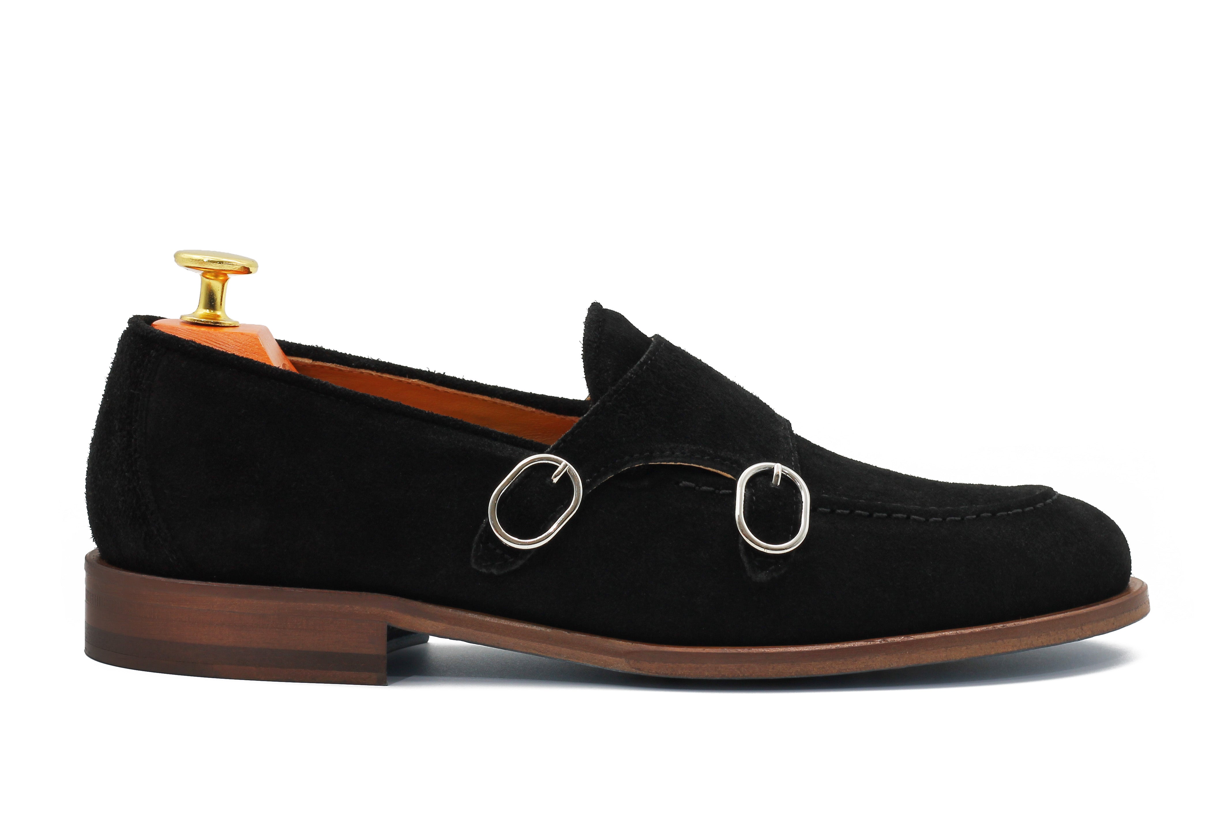 BLACK ITALIAN SUEDE DOUBLE BUCKLE LOAFER