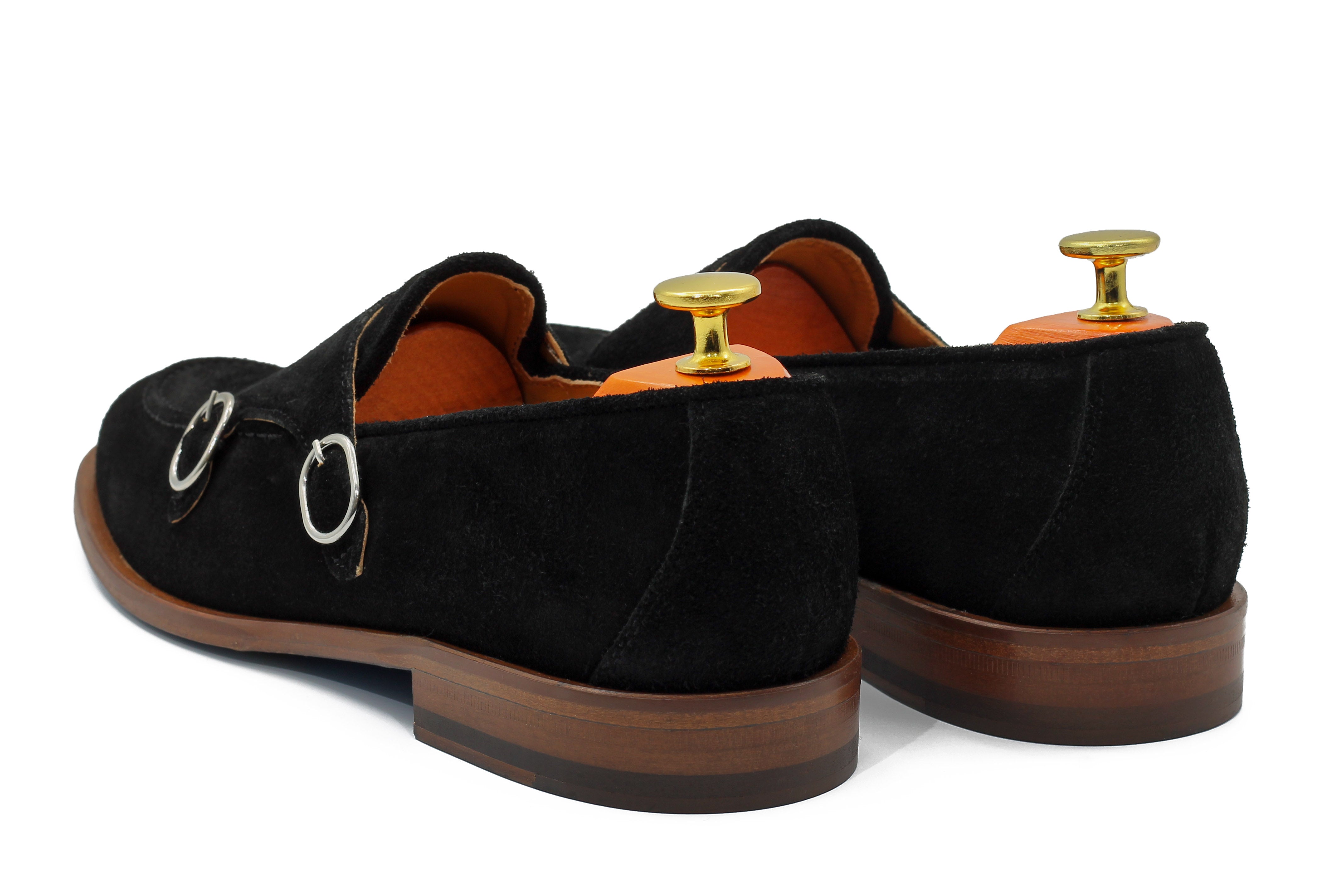 BLACK ITALIAN SUEDE DOUBLE BUCKLE LOAFER