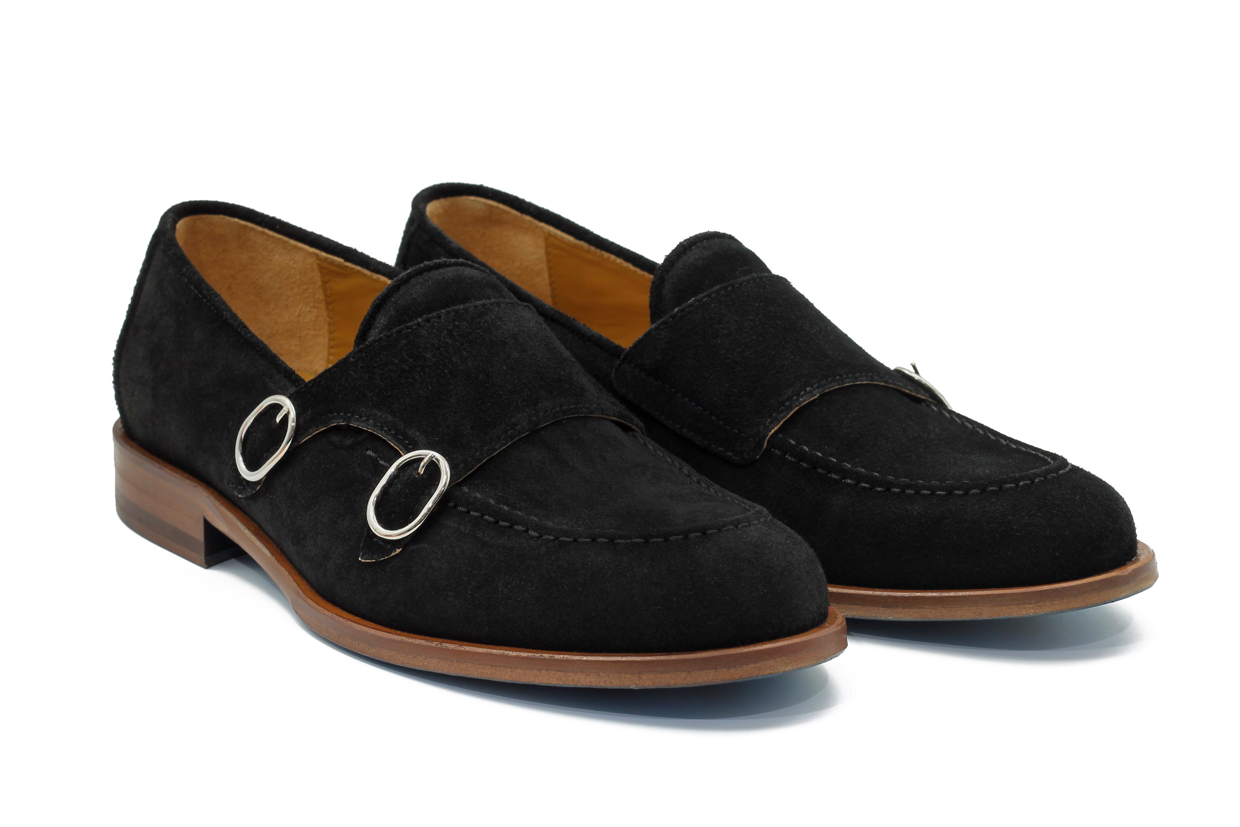 BLACK ITALIAN SUEDE DOUBLE BUCKLE LOAFER