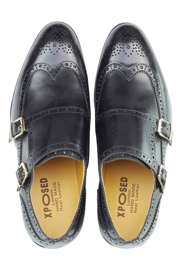 Real Leather Black Brogue Monk Shoes