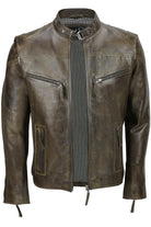 Mens Vintage Real Leather Brown Biker Style Zipped Pockets Casual Fitted Jacket
