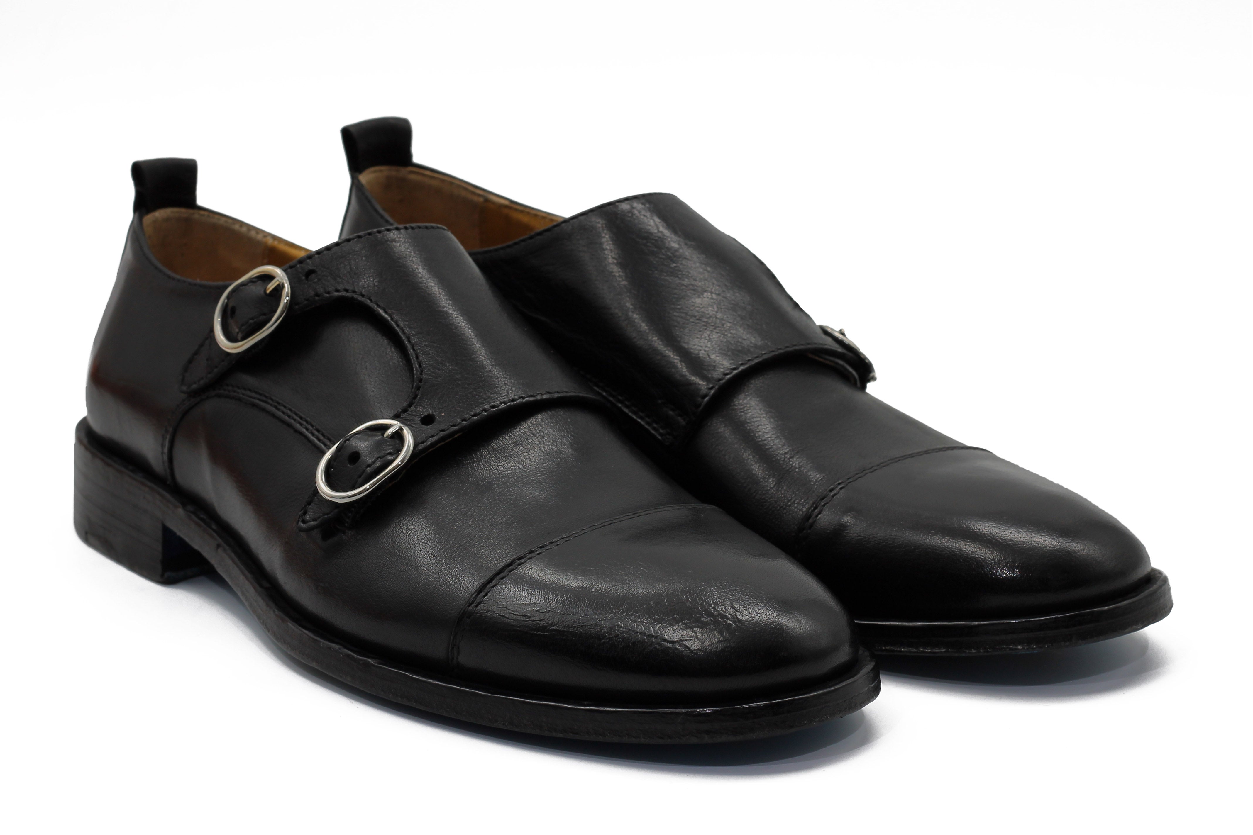 BLACK CALFSKIN DOUBLE BUCKEL MONKS