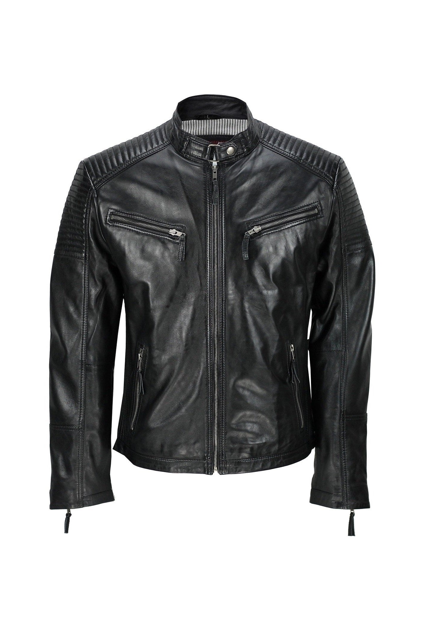 Mens New Black Real Leather Vintage Biker Style Zipped Smart Casual Retro Jacket