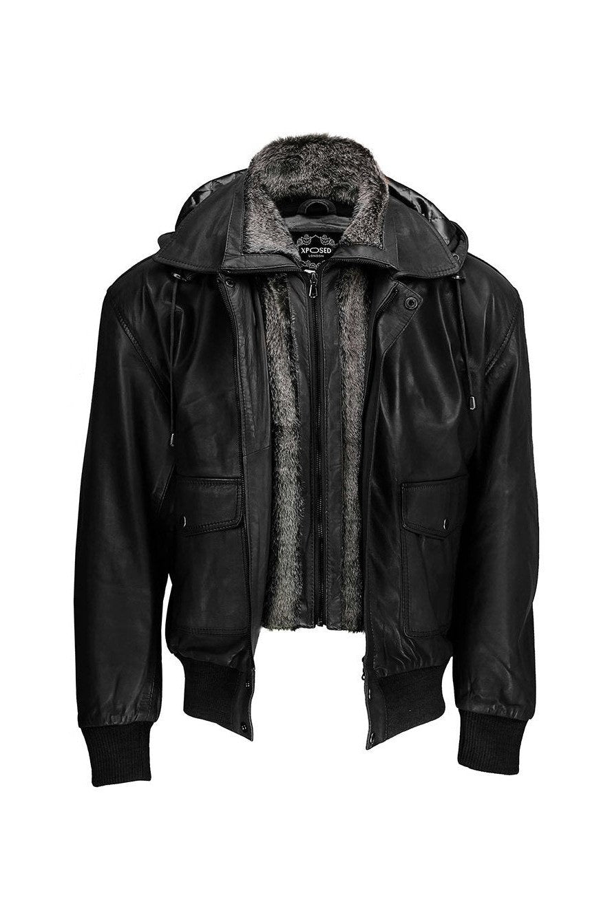 BOMBER FUR COLLAR LEATHER JACKET WITH HOOD