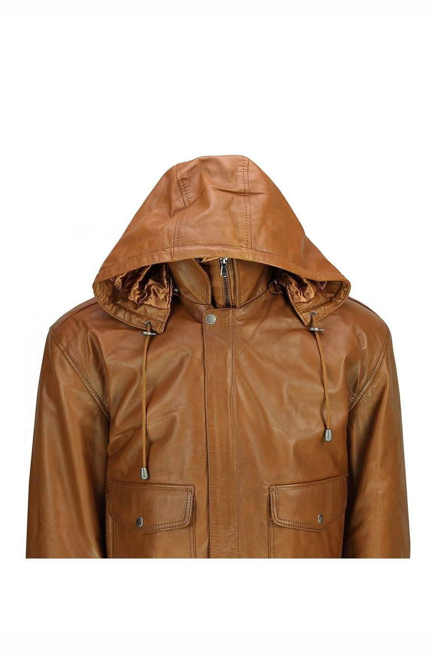 BOMBER FUR COLLAR LEATHER JACKET WITH HOOD IN TIMBER