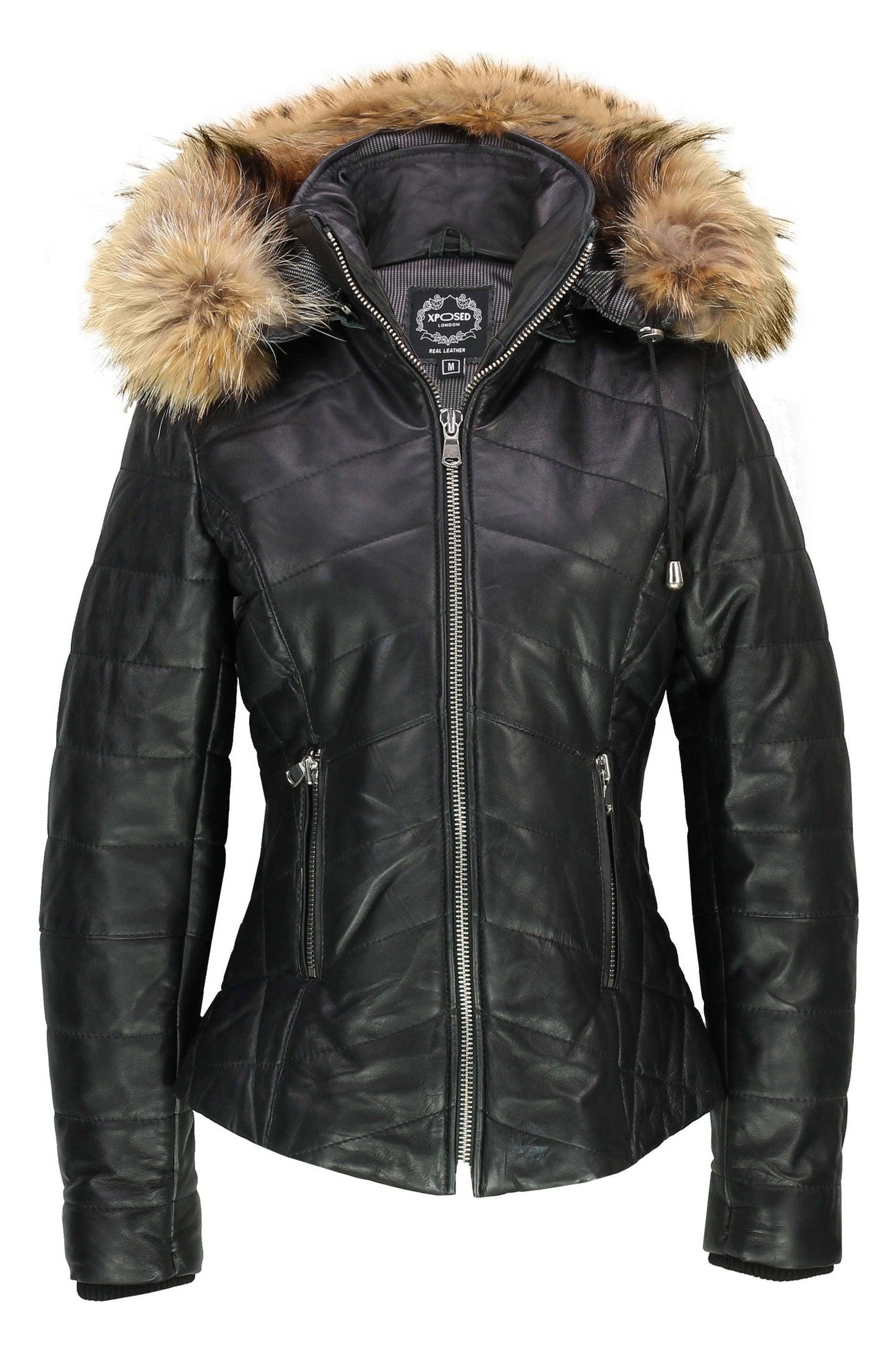 LADIES BLACK LEATHER JACKET WITH FUR HOOD