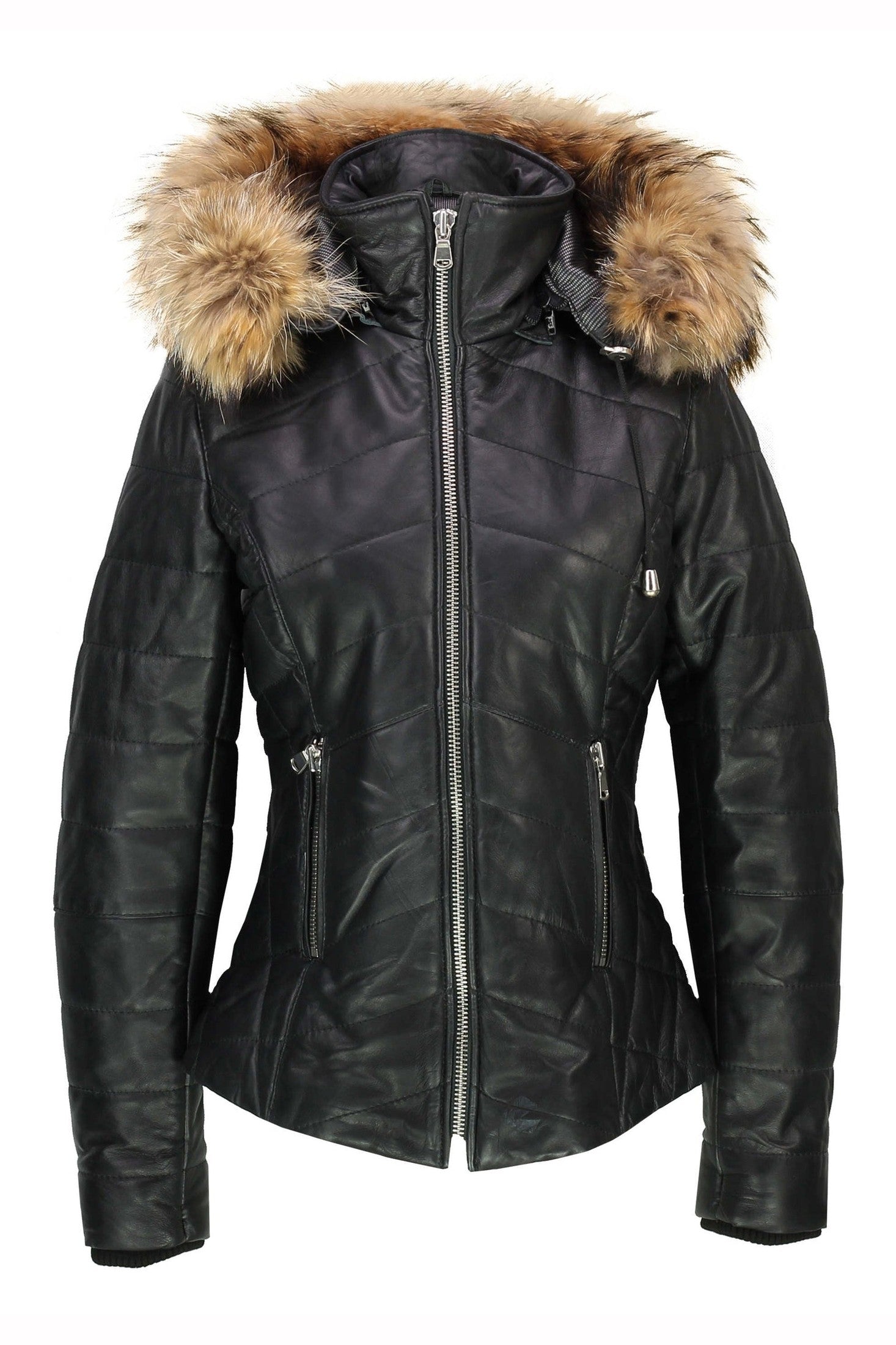 LADIES BLACK LEATHER JACKET WITH FUR HOOD