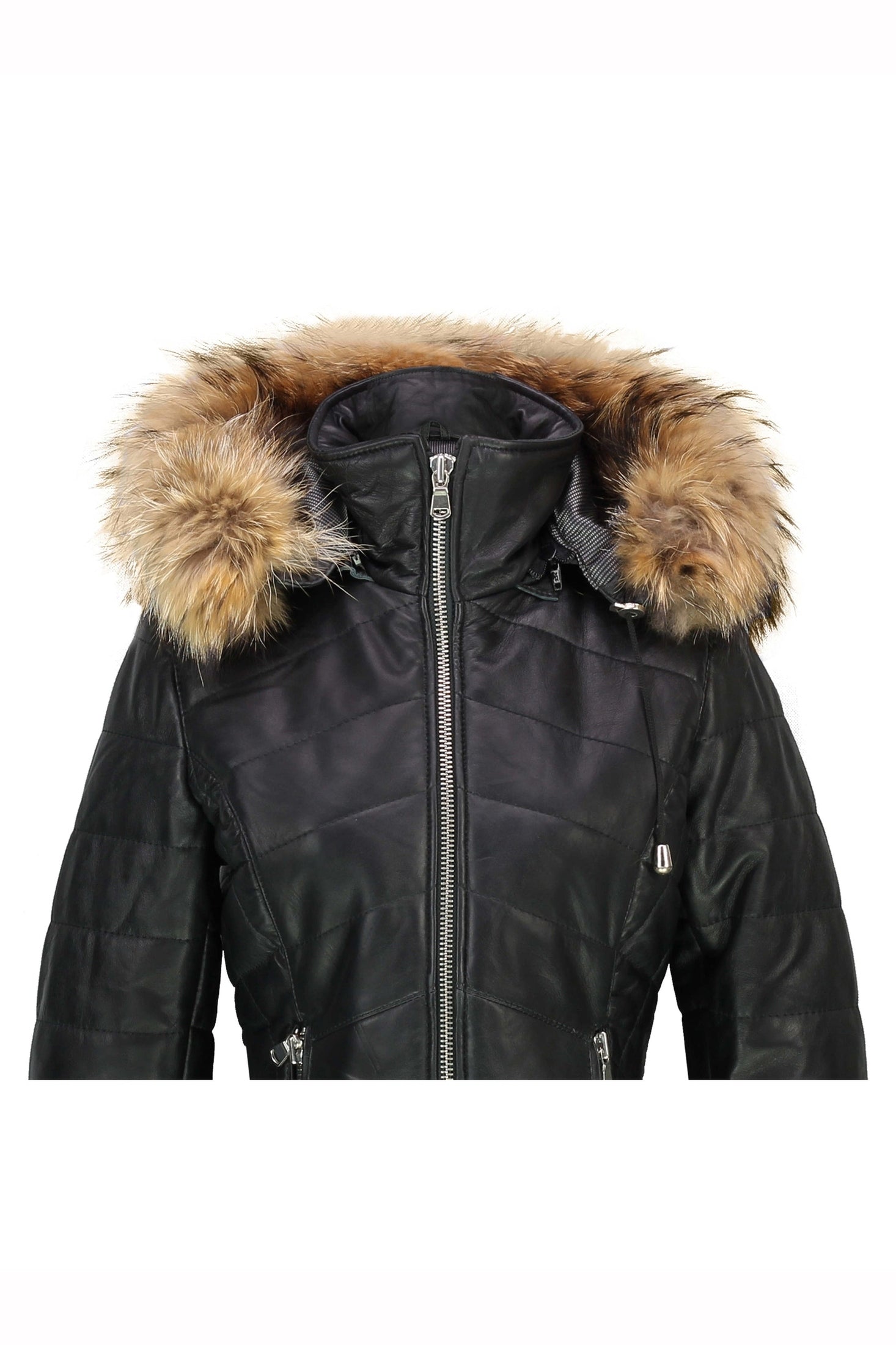 LADIES BLACK LEATHER JACKET WITH FUR HOOD