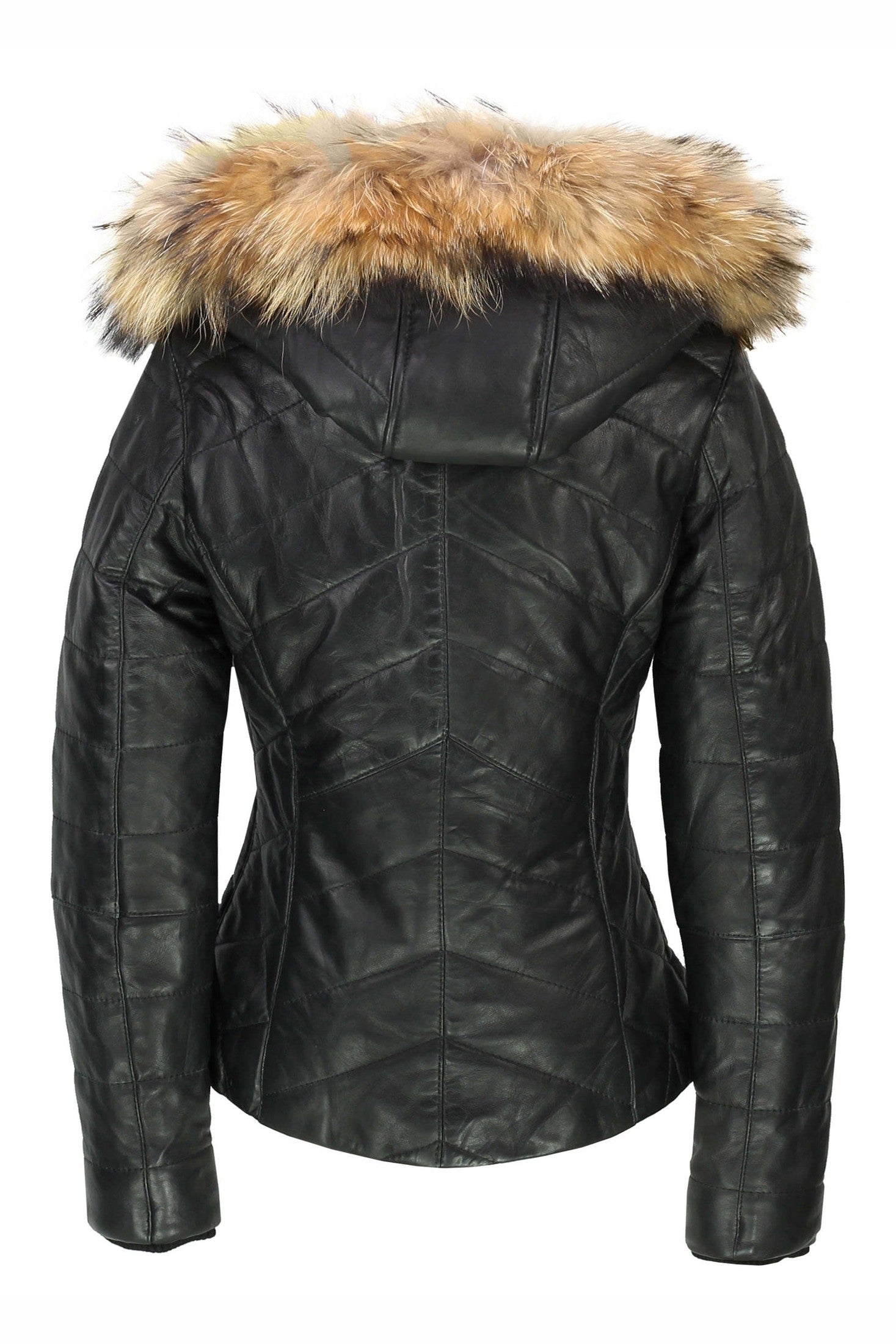 LADIES BLACK LEATHER JACKET WITH FUR HOOD