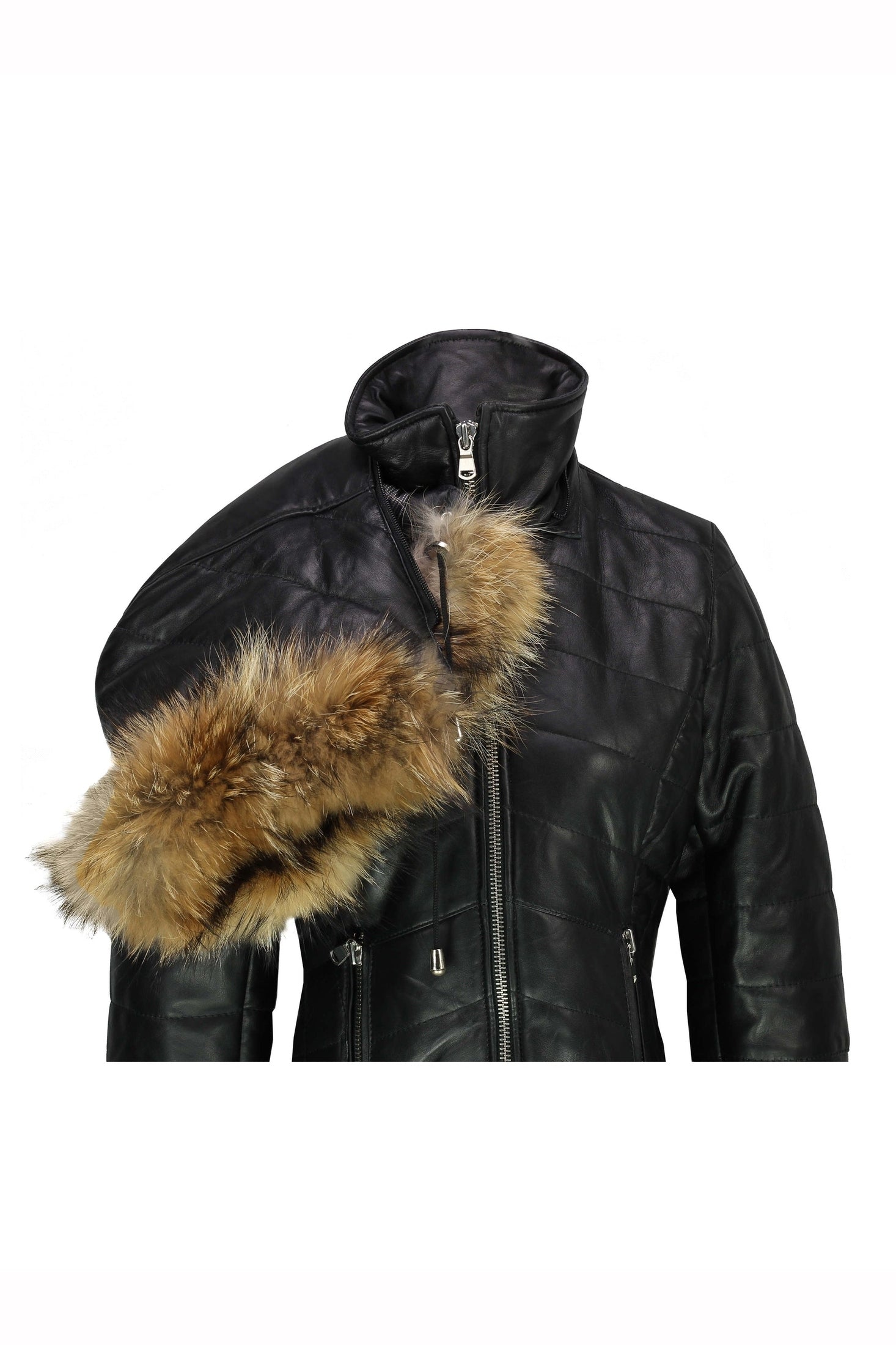 LADIES BLACK LEATHER JACKET WITH FUR HOOD