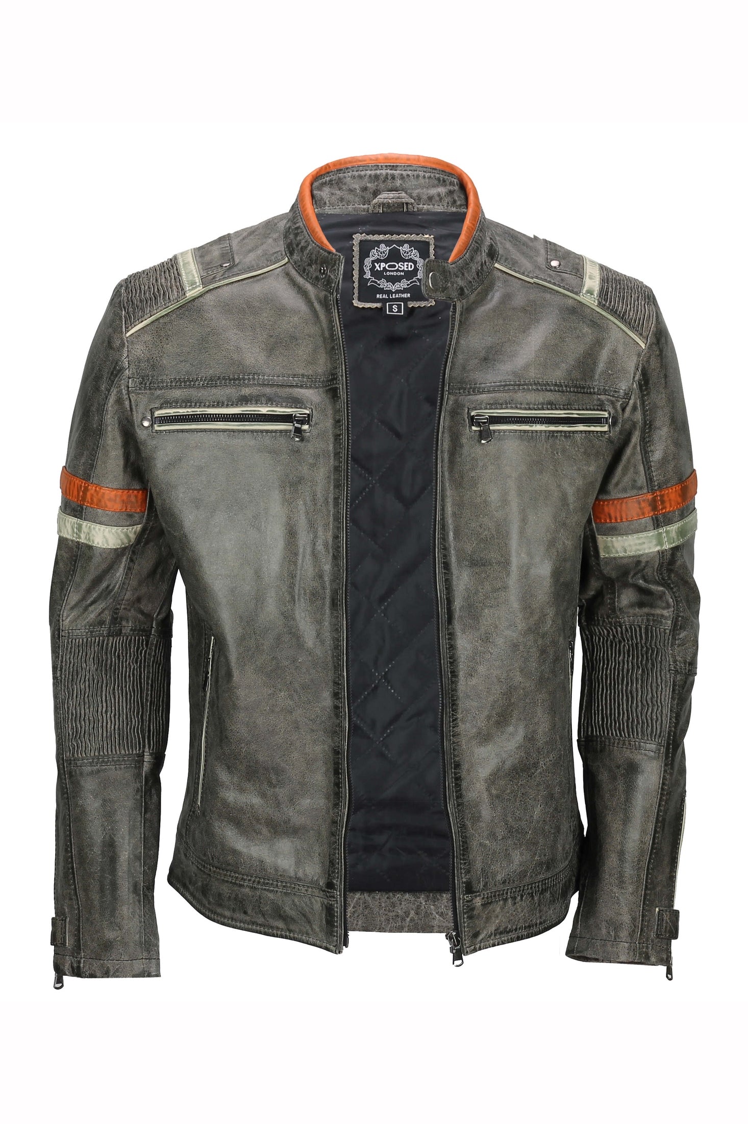 Men’s Real Leather Biker Jacket Vintage Grey Distressed Retro Motorcycle Style