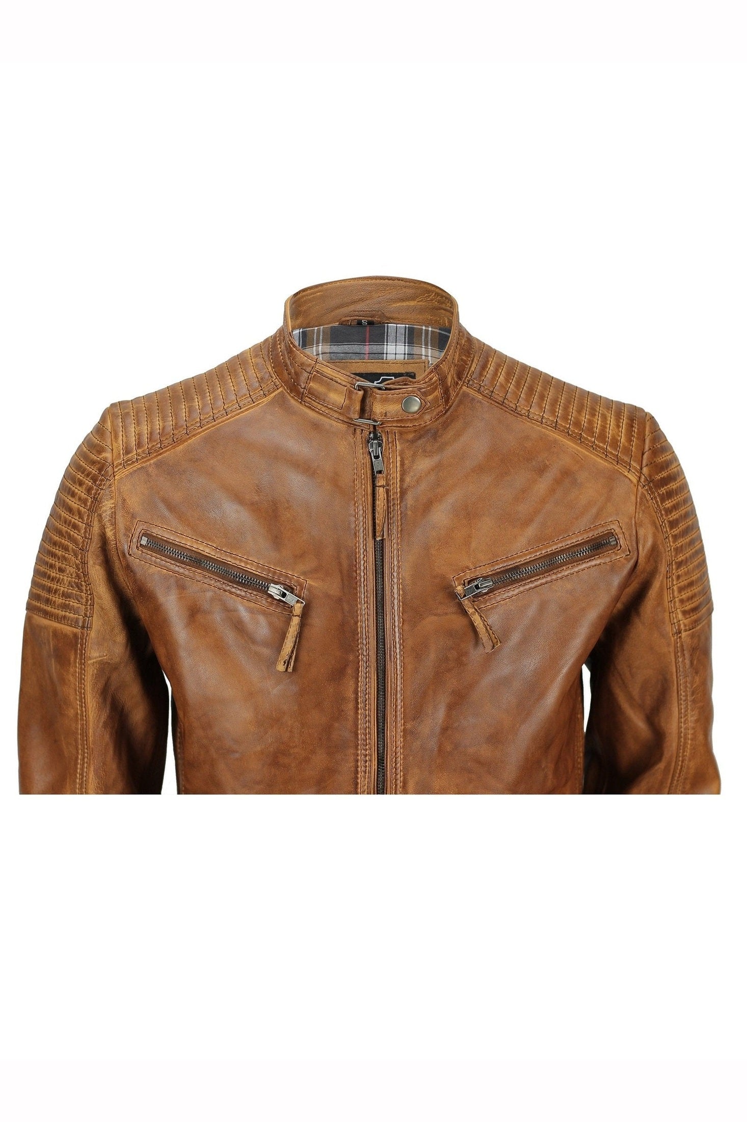 Mens Timber Tan Antique Washed Real Leather Vintage Biker Style Zipped Jacket