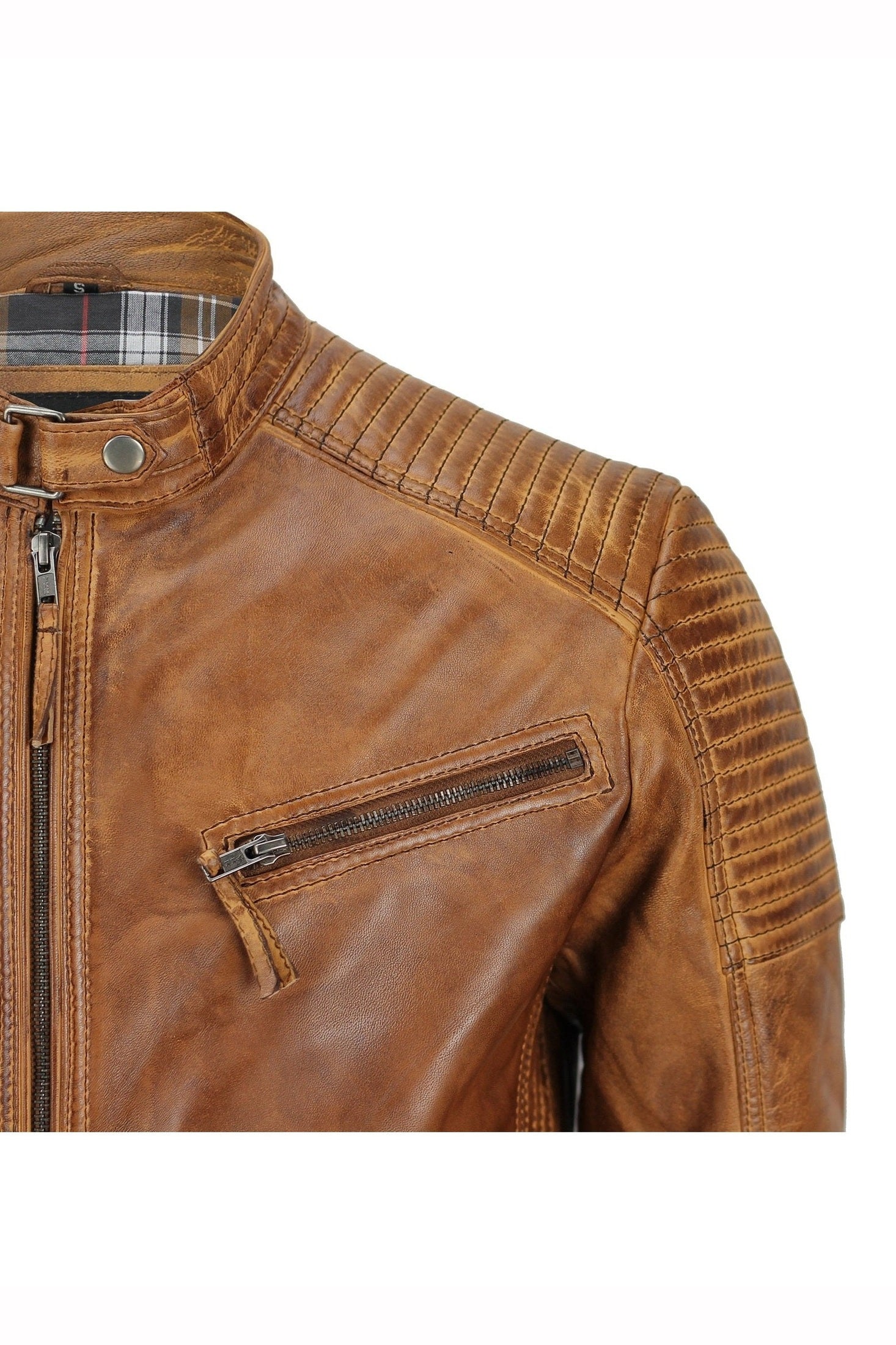 Mens Timber Tan Antique Washed Real Leather Vintage Biker Style Zipped Jacket