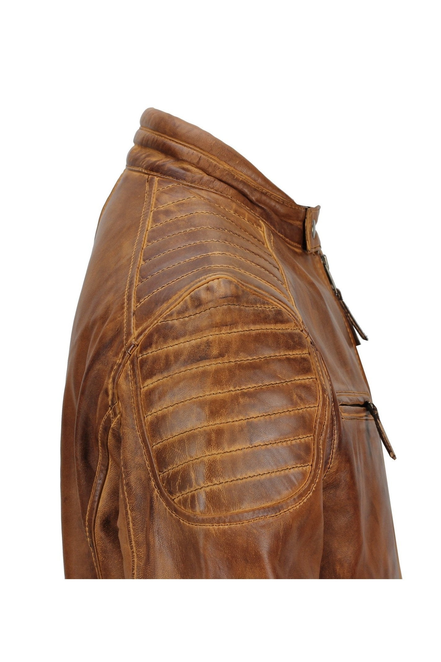 Mens Real Leather Slim Fit Antique Washed Tan Brown Retro Zip Biker Jacket