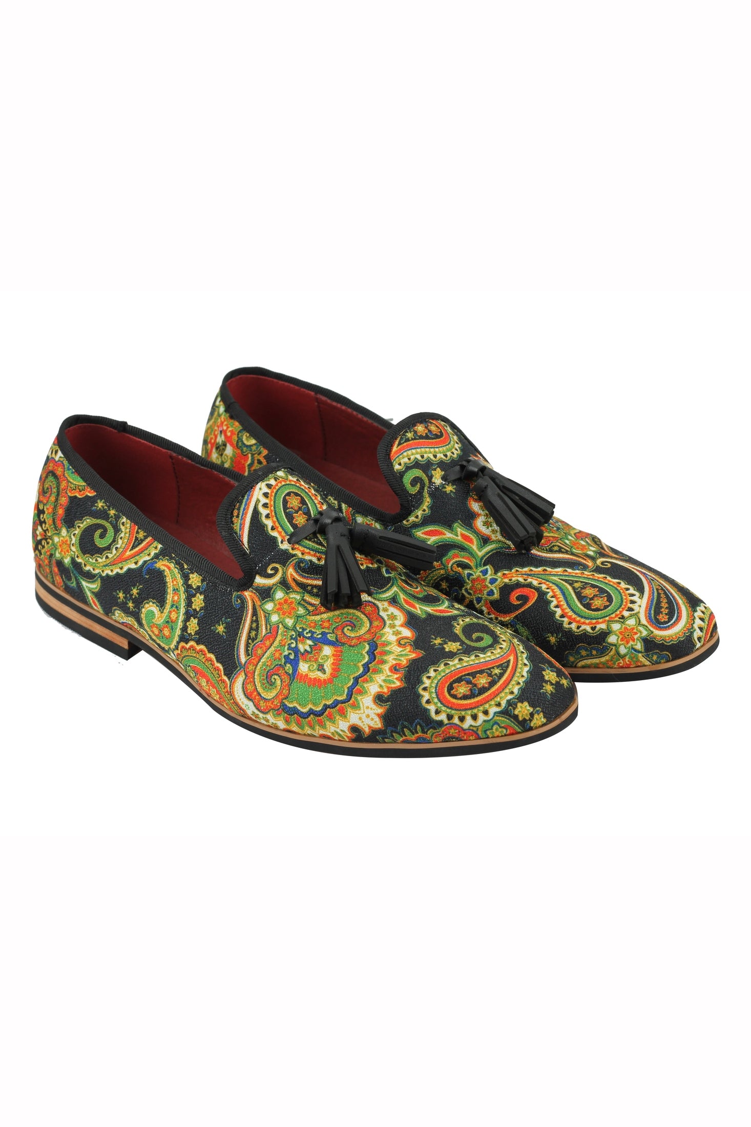 MENS LEATHER TASSEL LOAFER VINTAGE DESIGNER STYLE PAISLEY PRINT SHOES BLACK BLUE