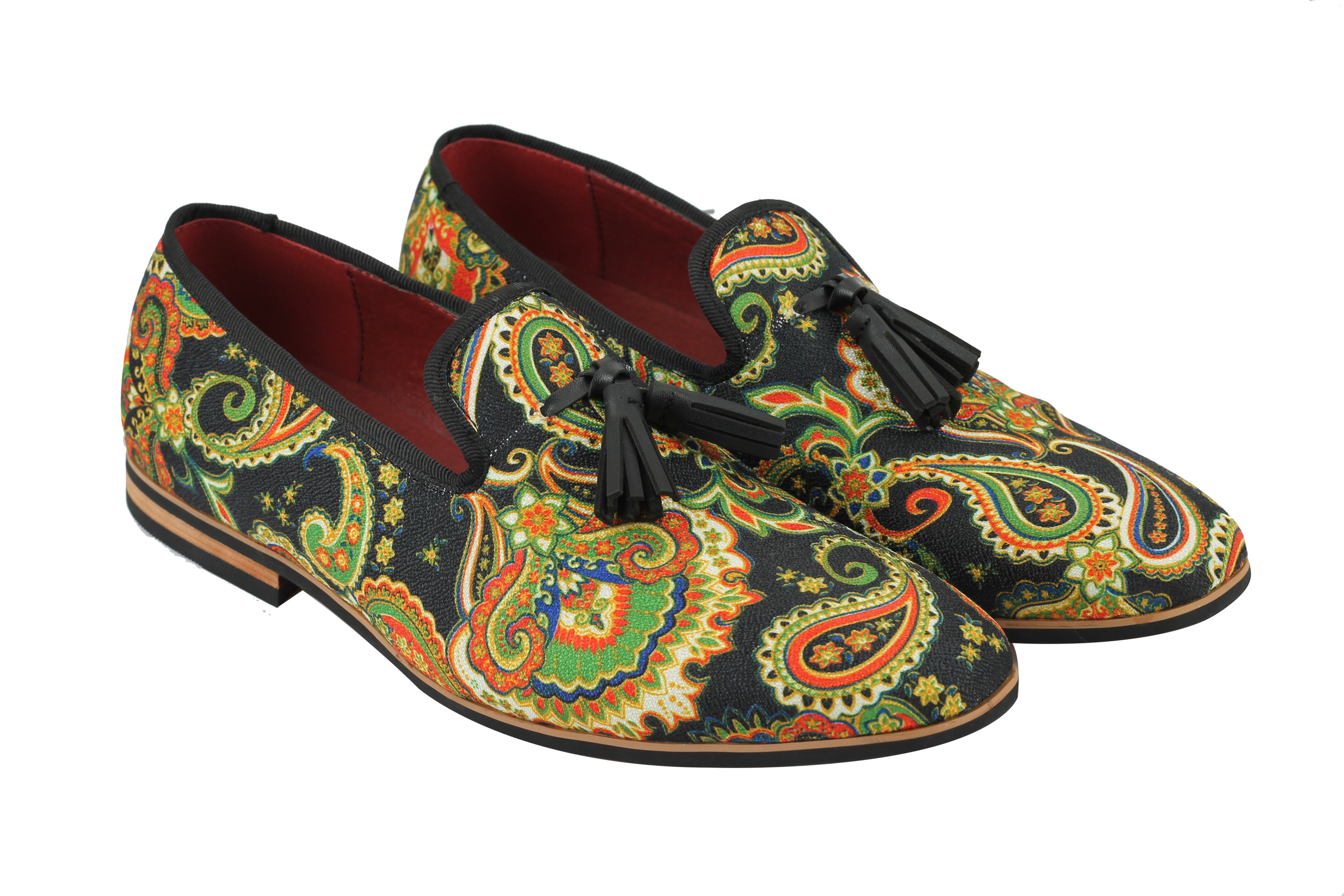 MENS LEATHER TASSEL LOAFER VINTAGE DESIGNER STYLE PAISLEY PRINT SHOES BLACK BLUE