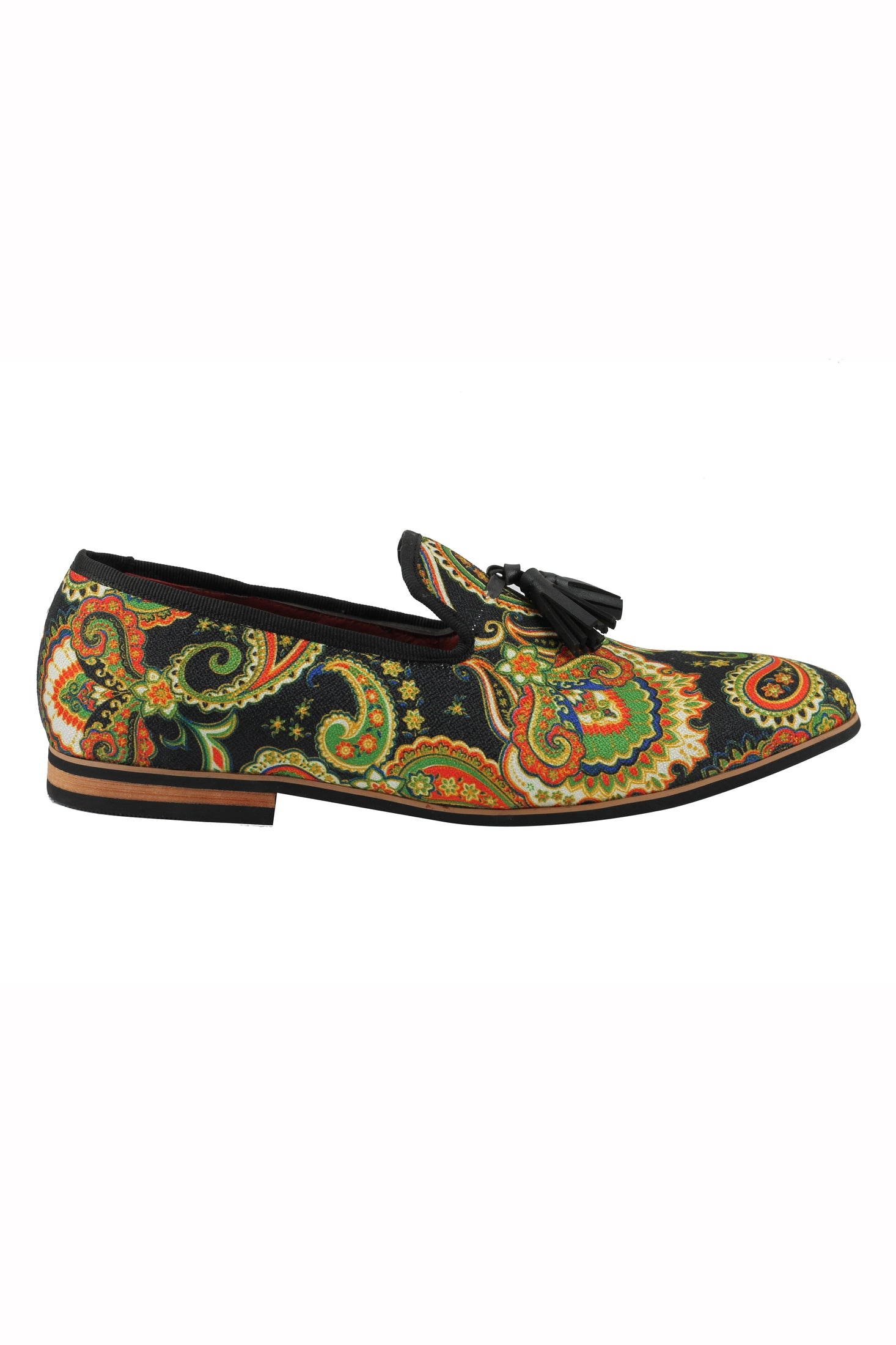 MENS LEATHER TASSEL LOAFER VINTAGE DESIGNER STYLE PAISLEY PRINT SHOES BLACK BLUE