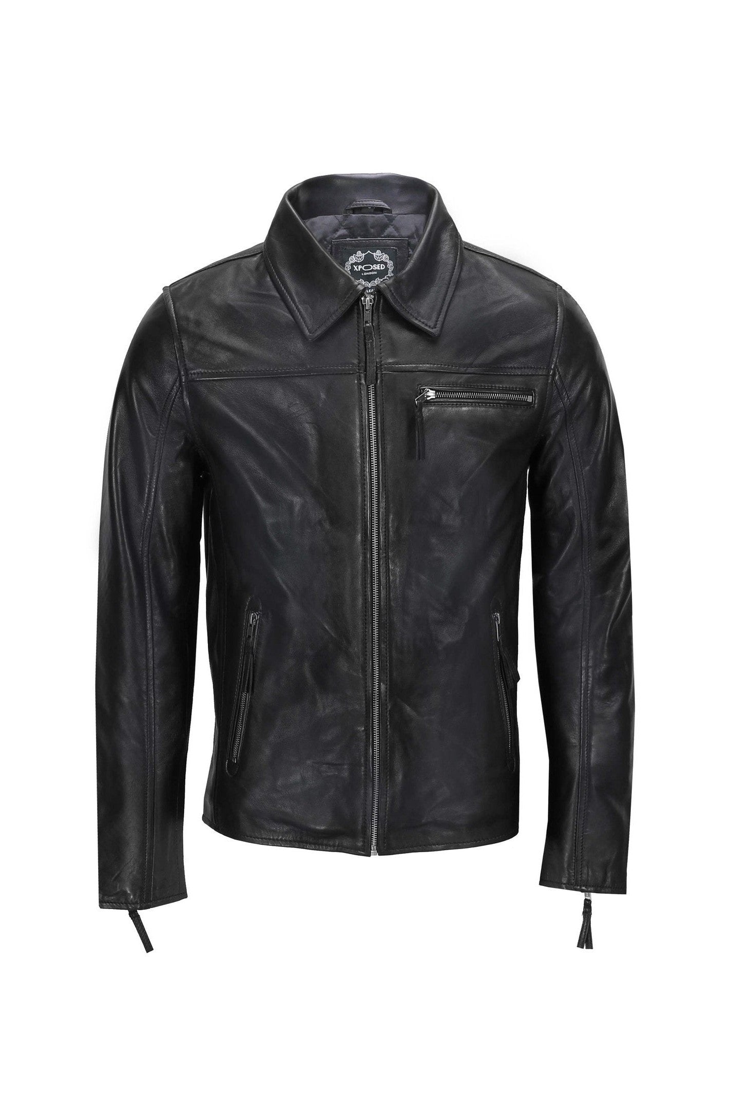 MEN'S COLLAR BIKER LEATHER JACKET IN BLACK