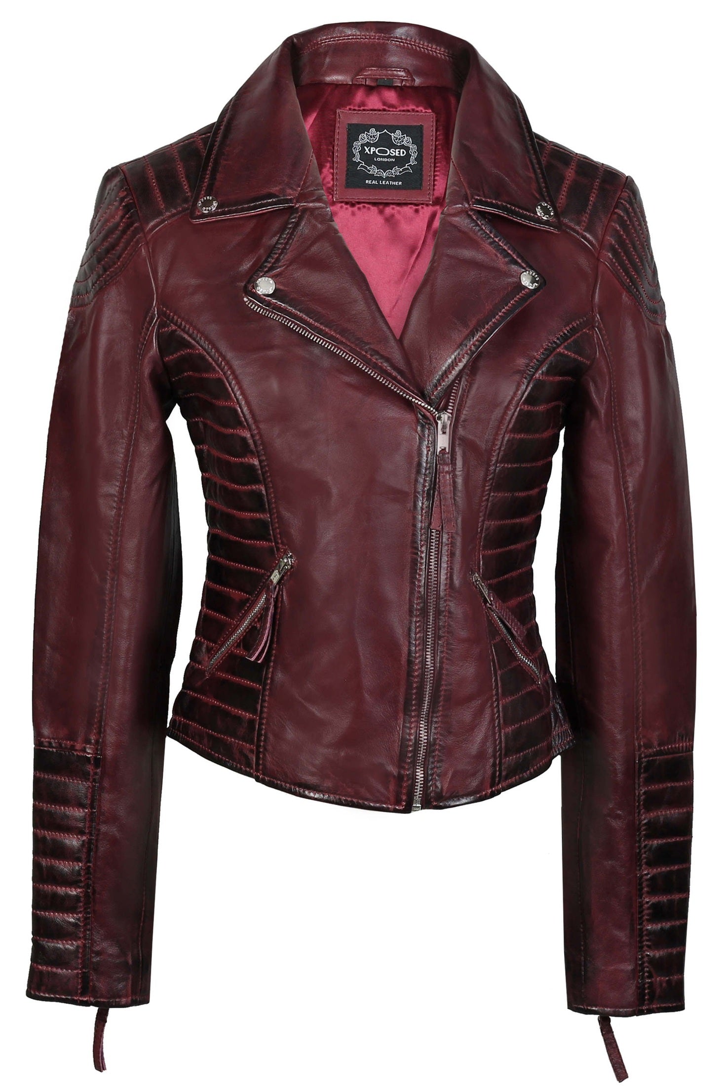 LADIE'S RETRO BIKER JACKET IN BURGENDY