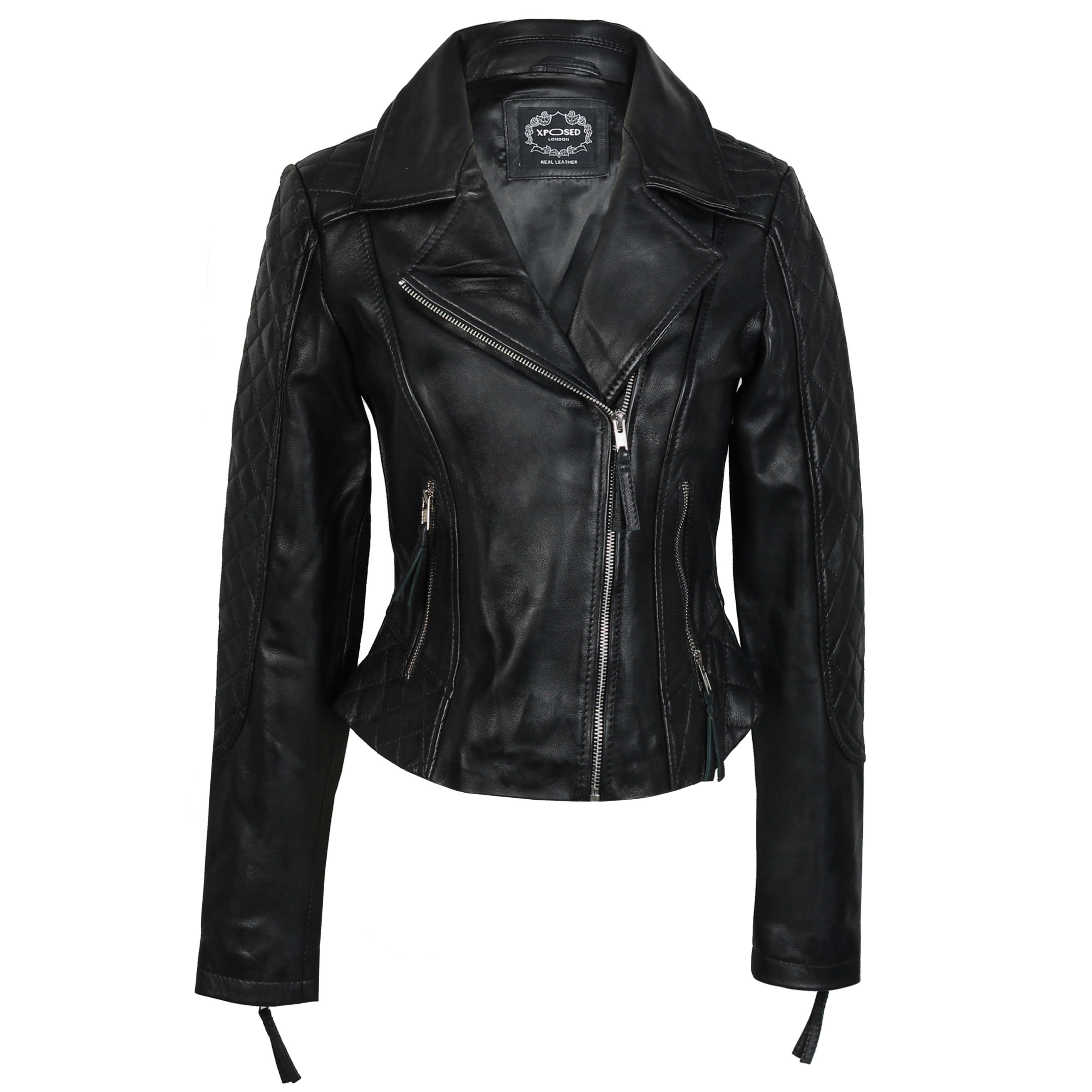 WOMEN'S RETRO REAL LEATHER BIKER JACKET IN BLACK