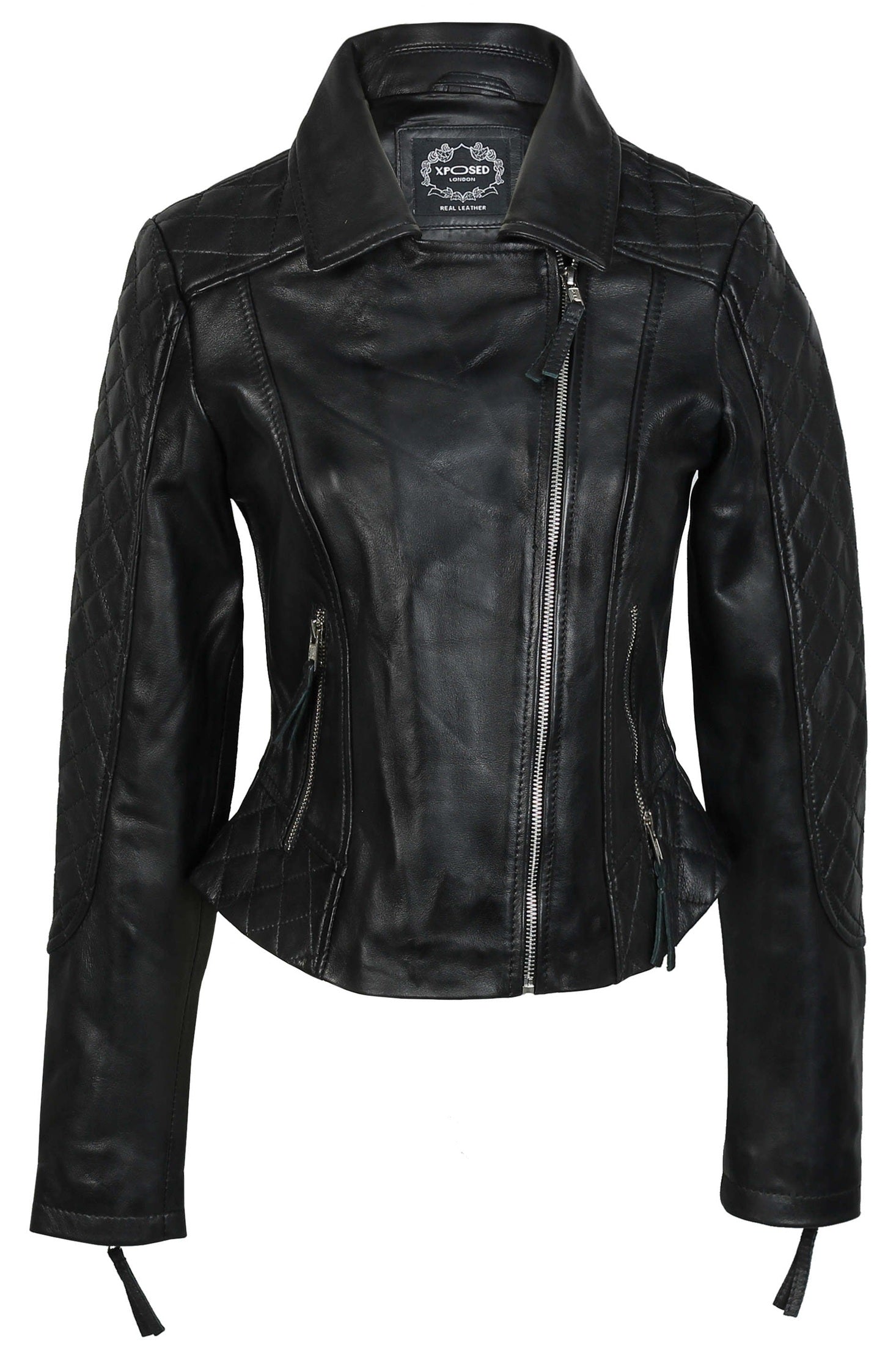 WOMEN'S RETRO REAL LEATHER BIKER JACKET IN BLACK