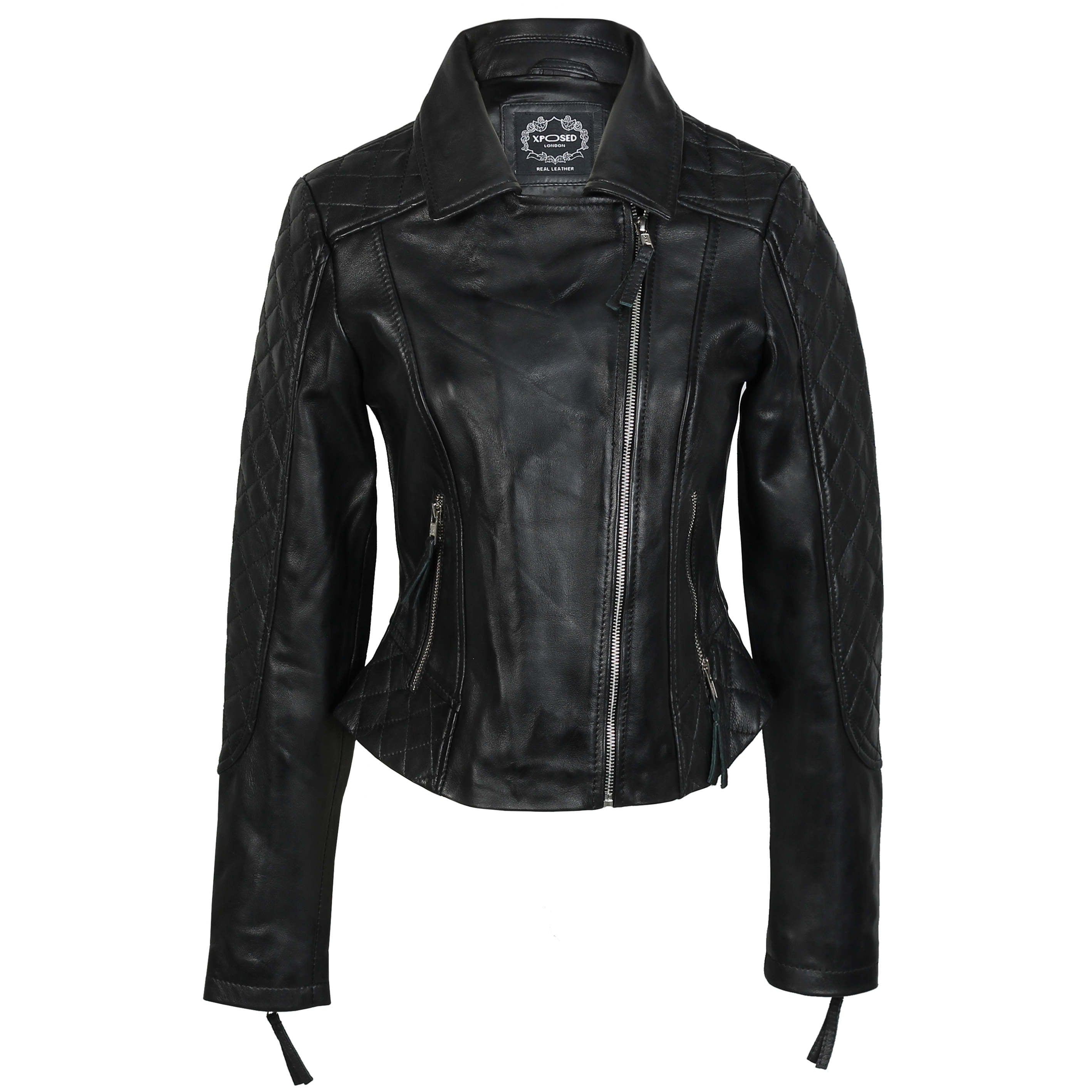 WOMEN'S RETRO REAL LEATHER BIKER JACKET IN BLACK