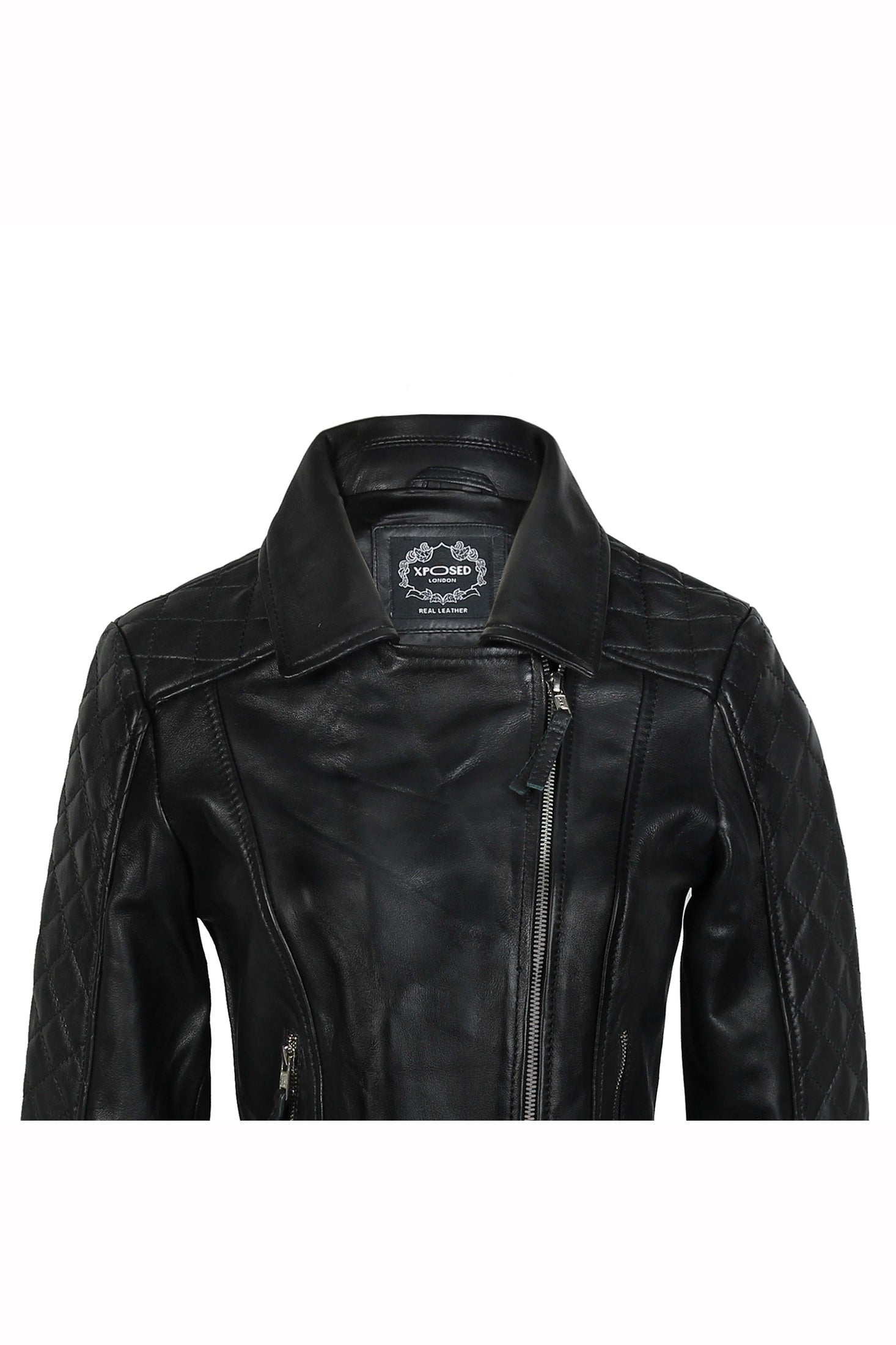 WOMEN'S RETRO REAL LEATHER BIKER JACKET IN BLACK