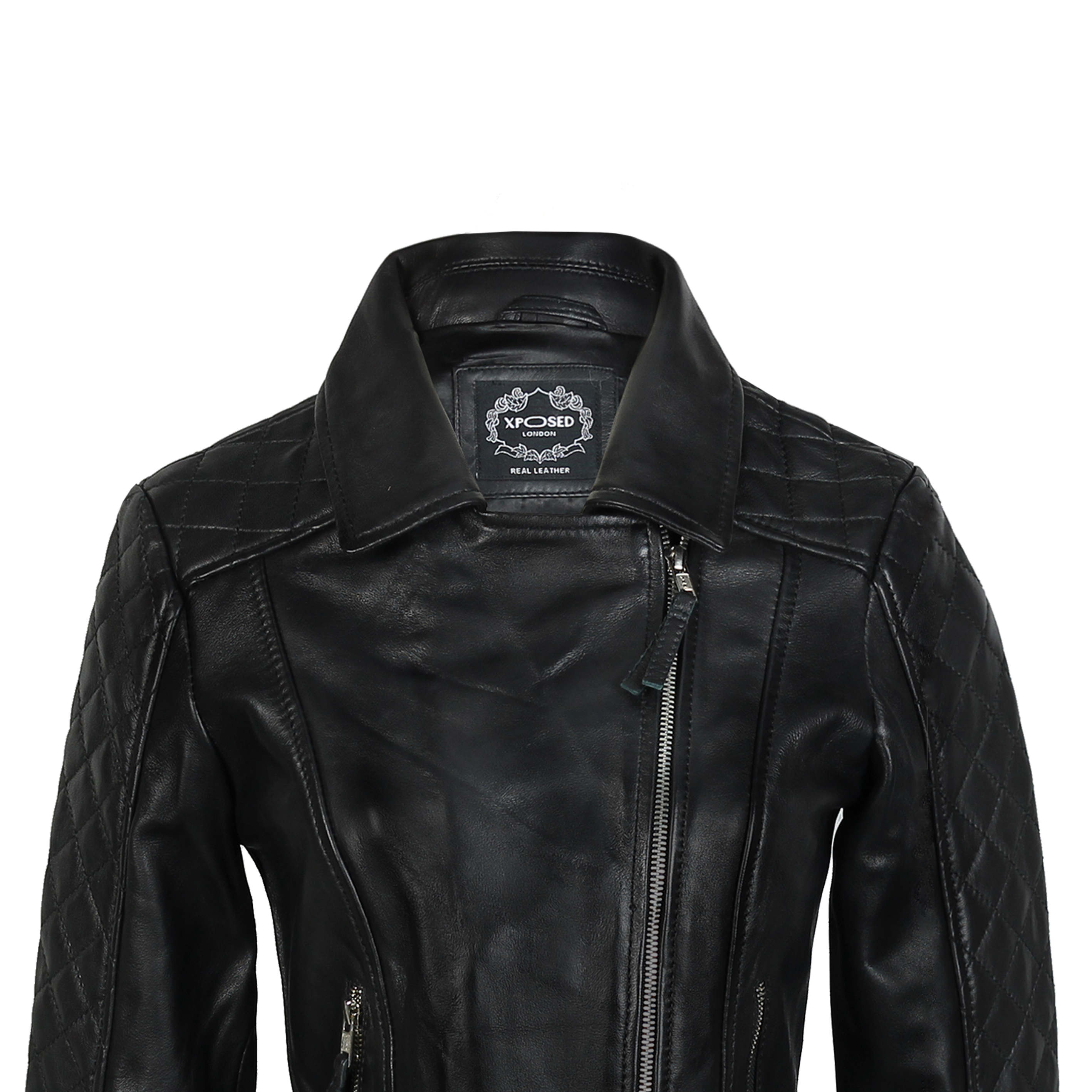 WOMEN'S RETRO REAL LEATHER BIKER JACKET IN BLACK