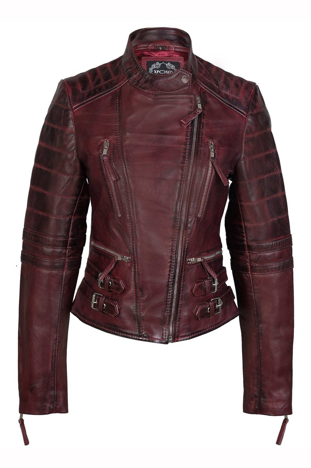 Ladies Real Leather Biker Jacket Slim Fit in Wine