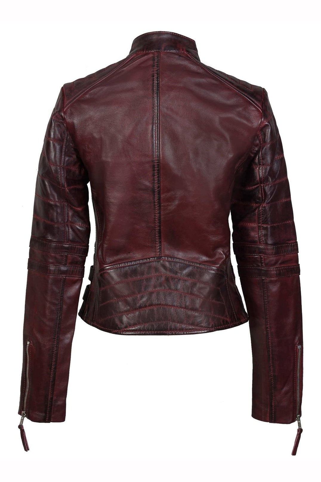 Ladies Real Leather Biker Jacket Slim Fit in Wine