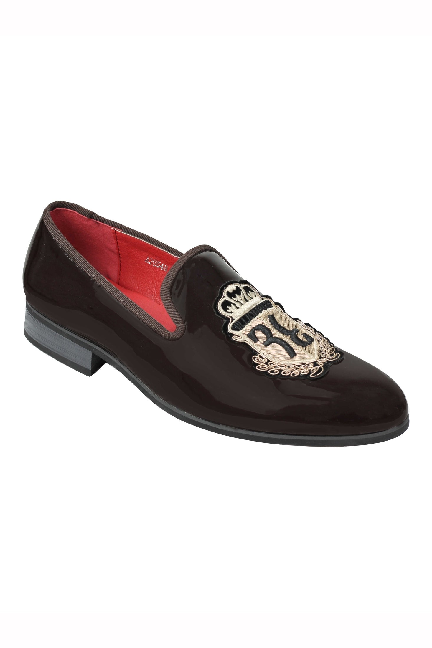 MENS LOAFERS PATENT SHINY FAUX LEATHER RETRO GOLD CREST SLIP ON WEDDING SHOES