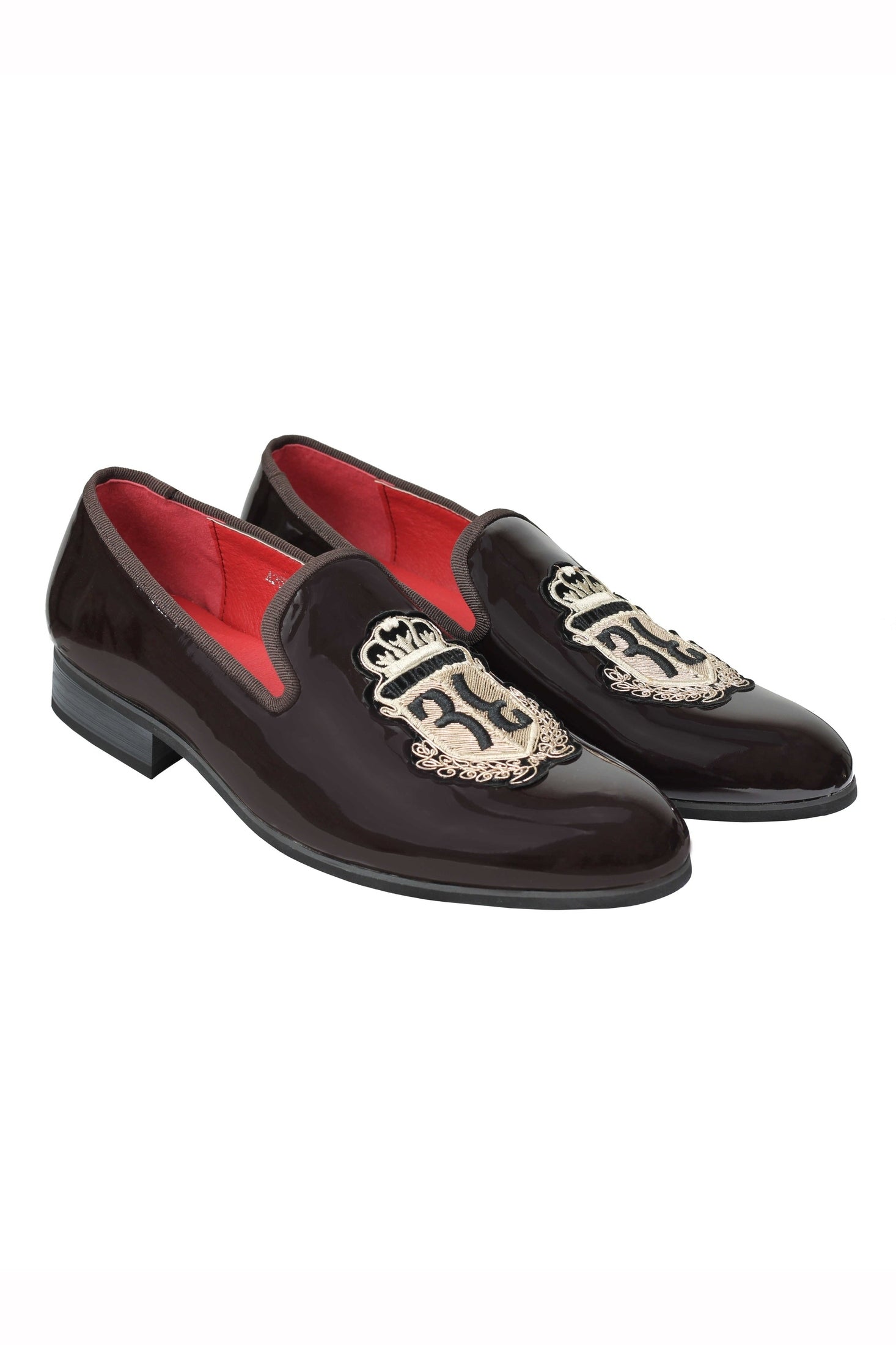 MENS LOAFERS PATENT SHINY FAUX LEATHER RETRO GOLD CREST SLIP ON WEDDING SHOES
