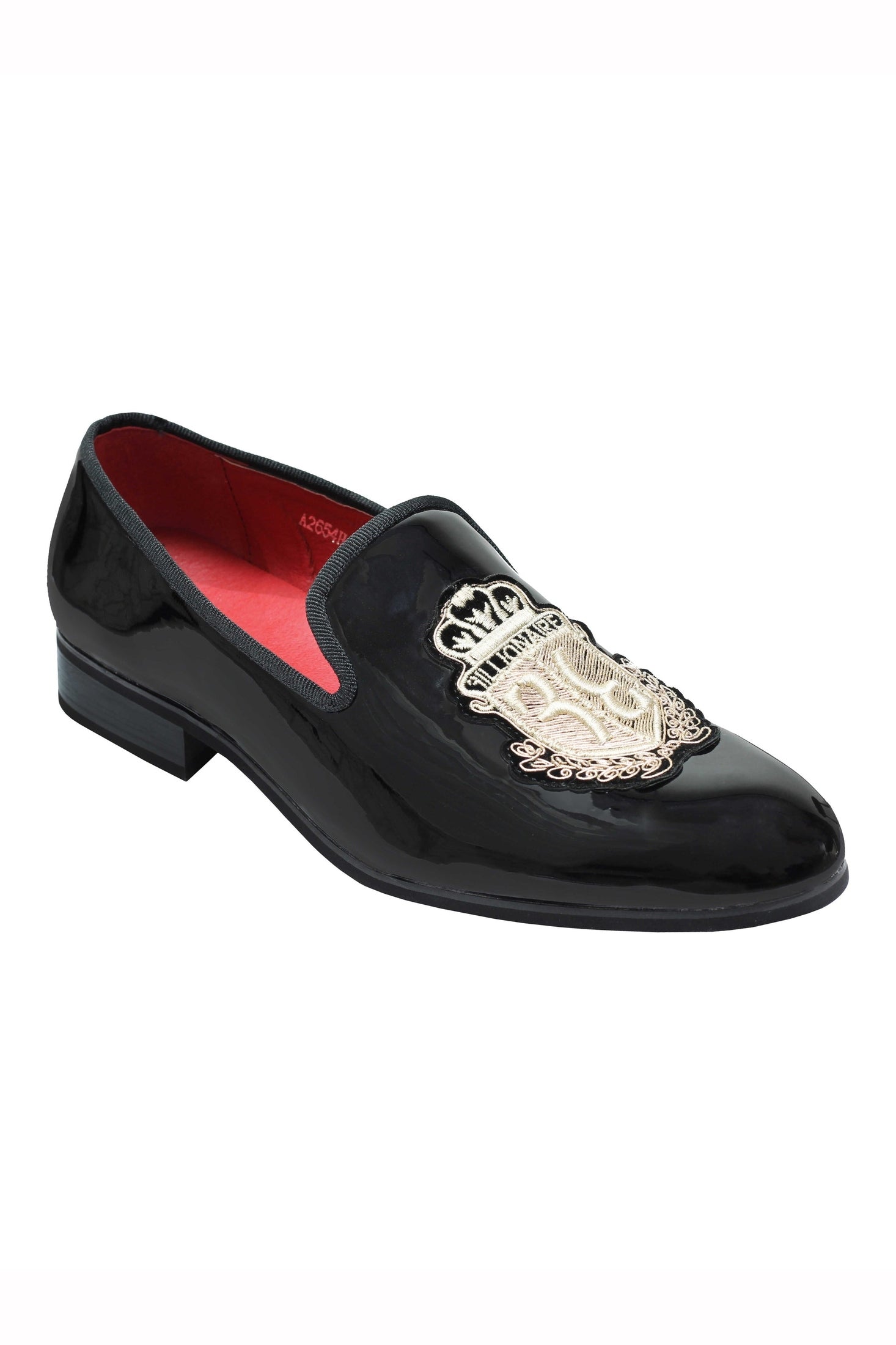 MENS LOAFERS PATENT SHINY FAUX LEATHER RETRO GOLD CREST SLIP ON WEDDING SHOES