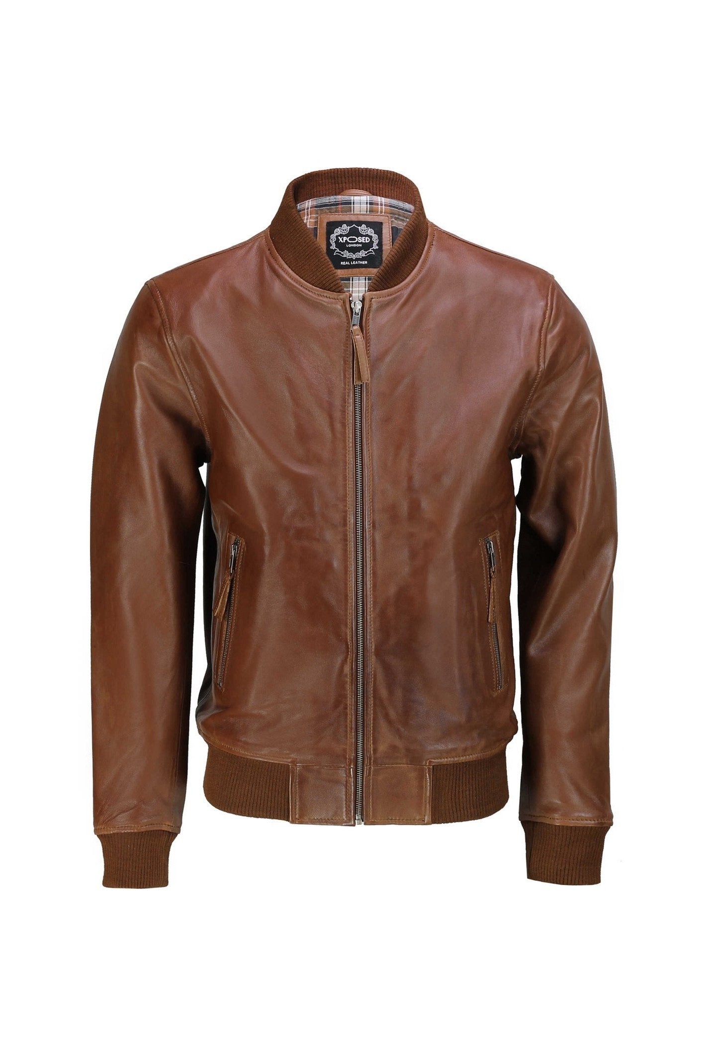 XPOSED Mens Tan Soft Real Leather Smart Casual Vintage Bomber Biker Style Jacket