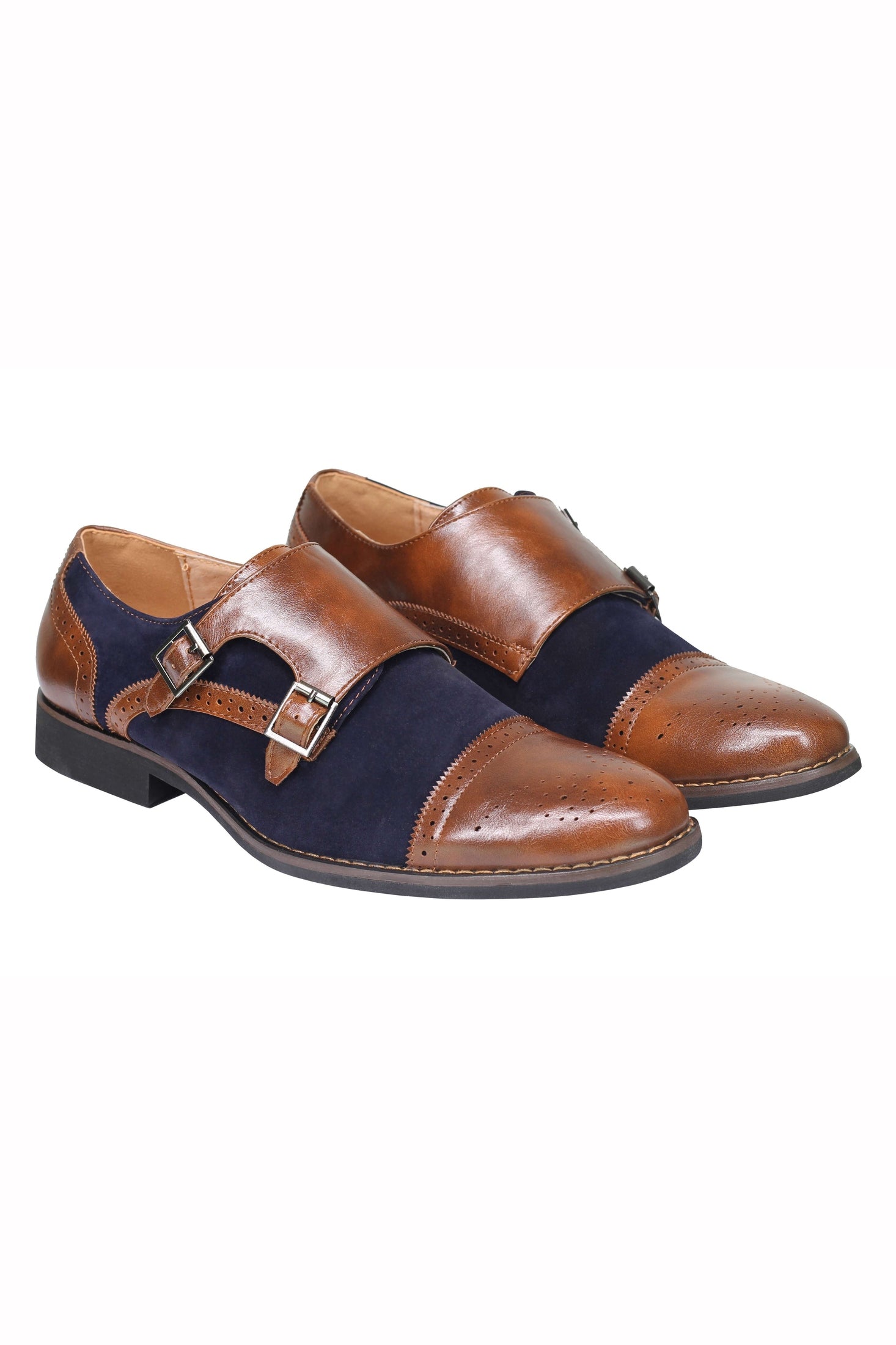 Mens Suede Leather Lined Monk Strap Shoes Classic Double Buckle Slip on Brogues