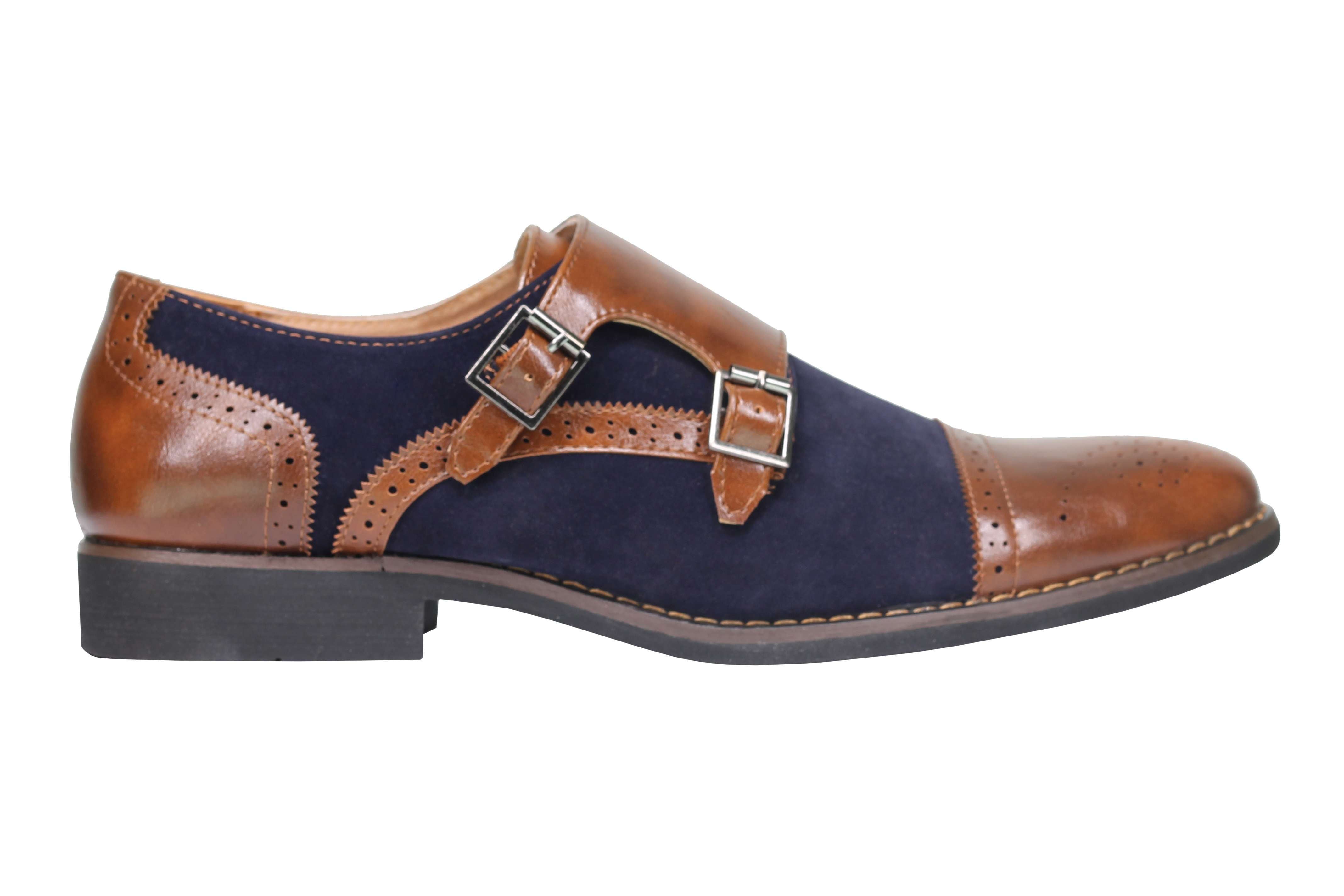 Mens Suede Leather Lined Monk Strap Shoes Classic Double Buckle Slip on Brogues